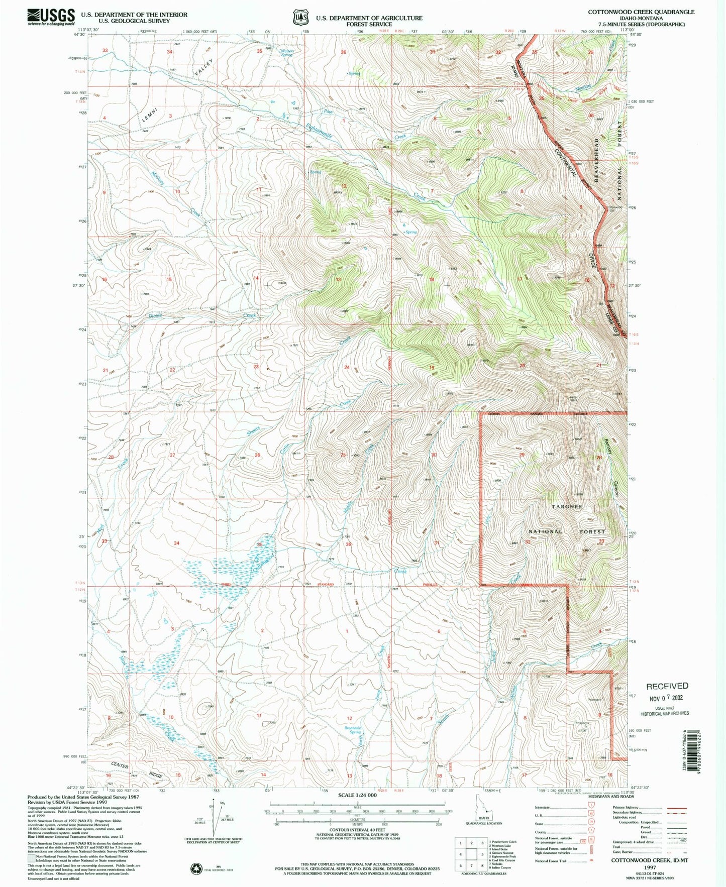 Classic USGS Cottonwood Creek Idaho 7.5'x7.5' Topo Map Image