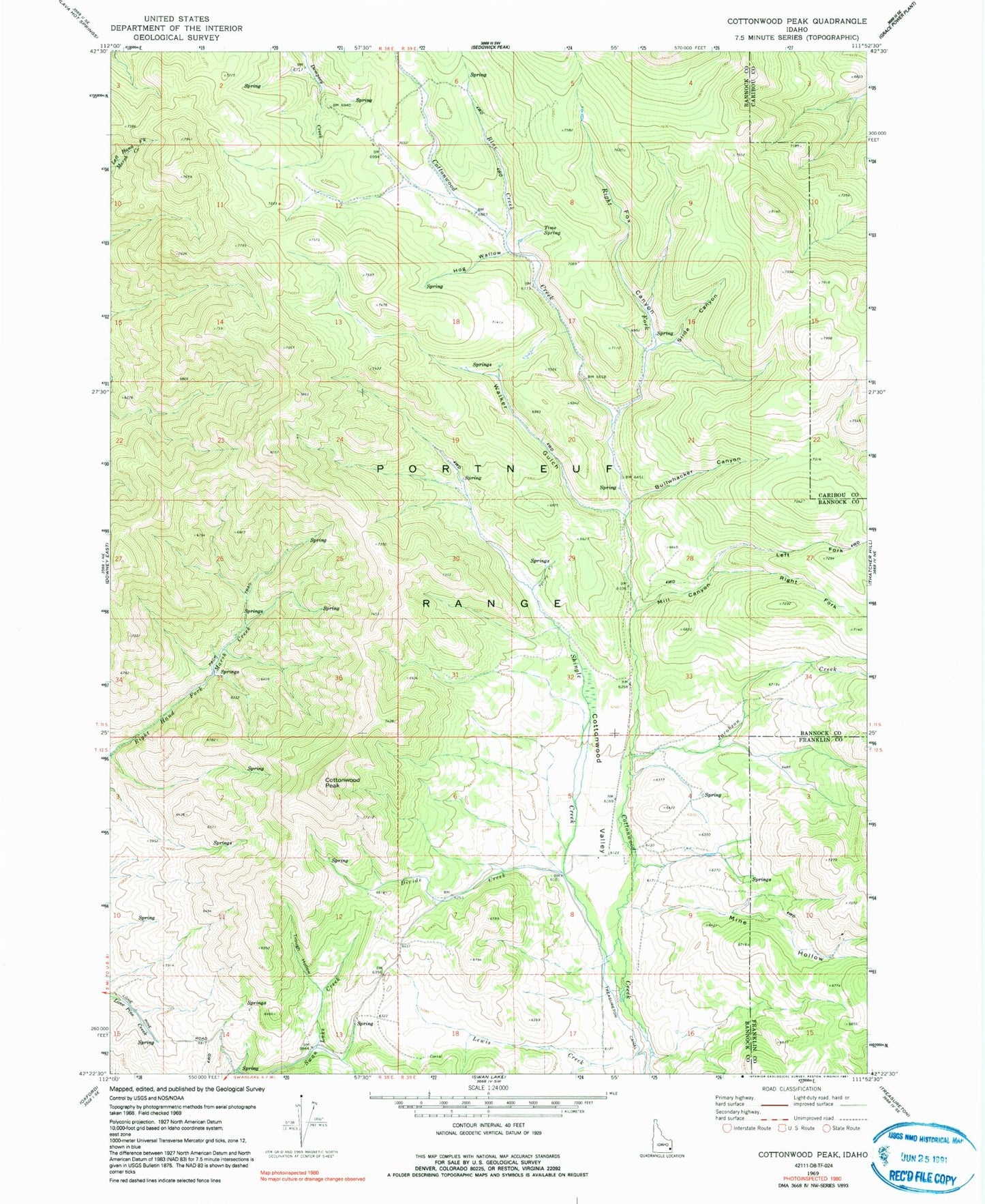 Classic USGS Cottonwood Peak Idaho 7.5'x7.5' Topo Map Image