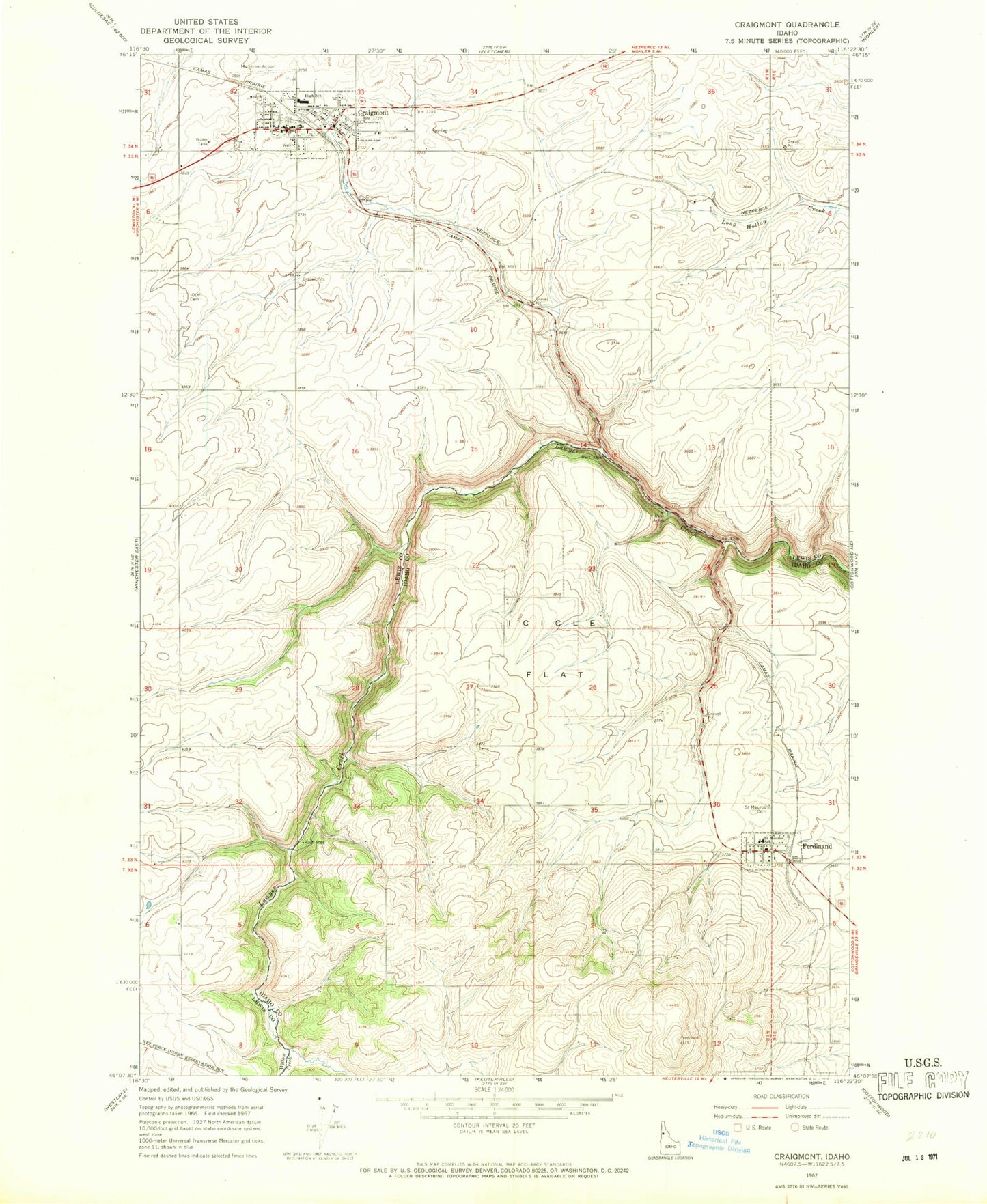 Classic USGS Craigmont Idaho 7.5'x7.5' Topo Map Image
