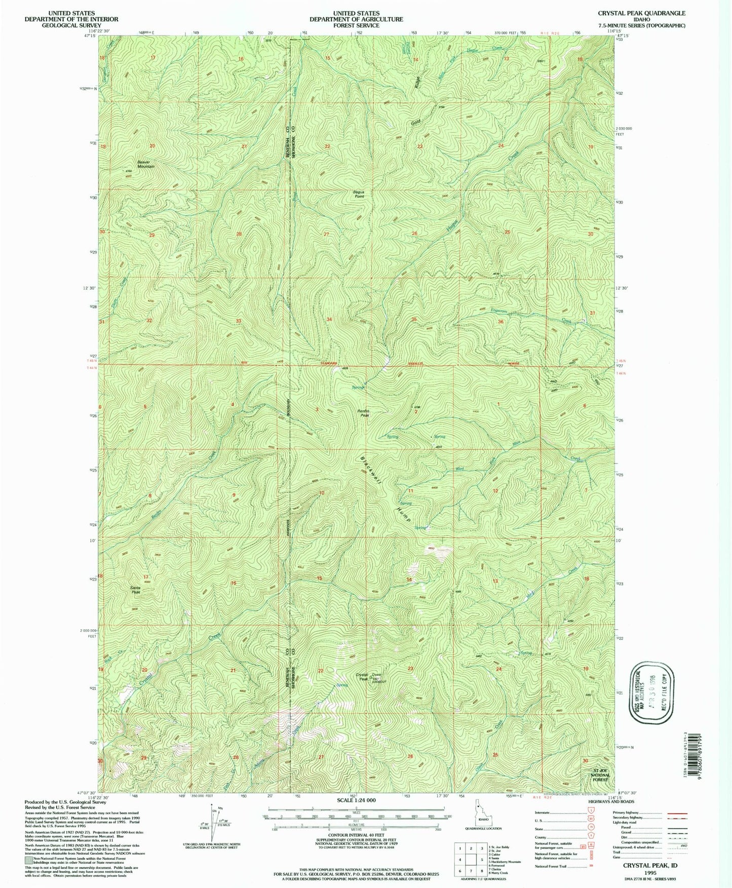 Classic USGS Crystal Peak Idaho 7.5'x7.5' Topo Map Image