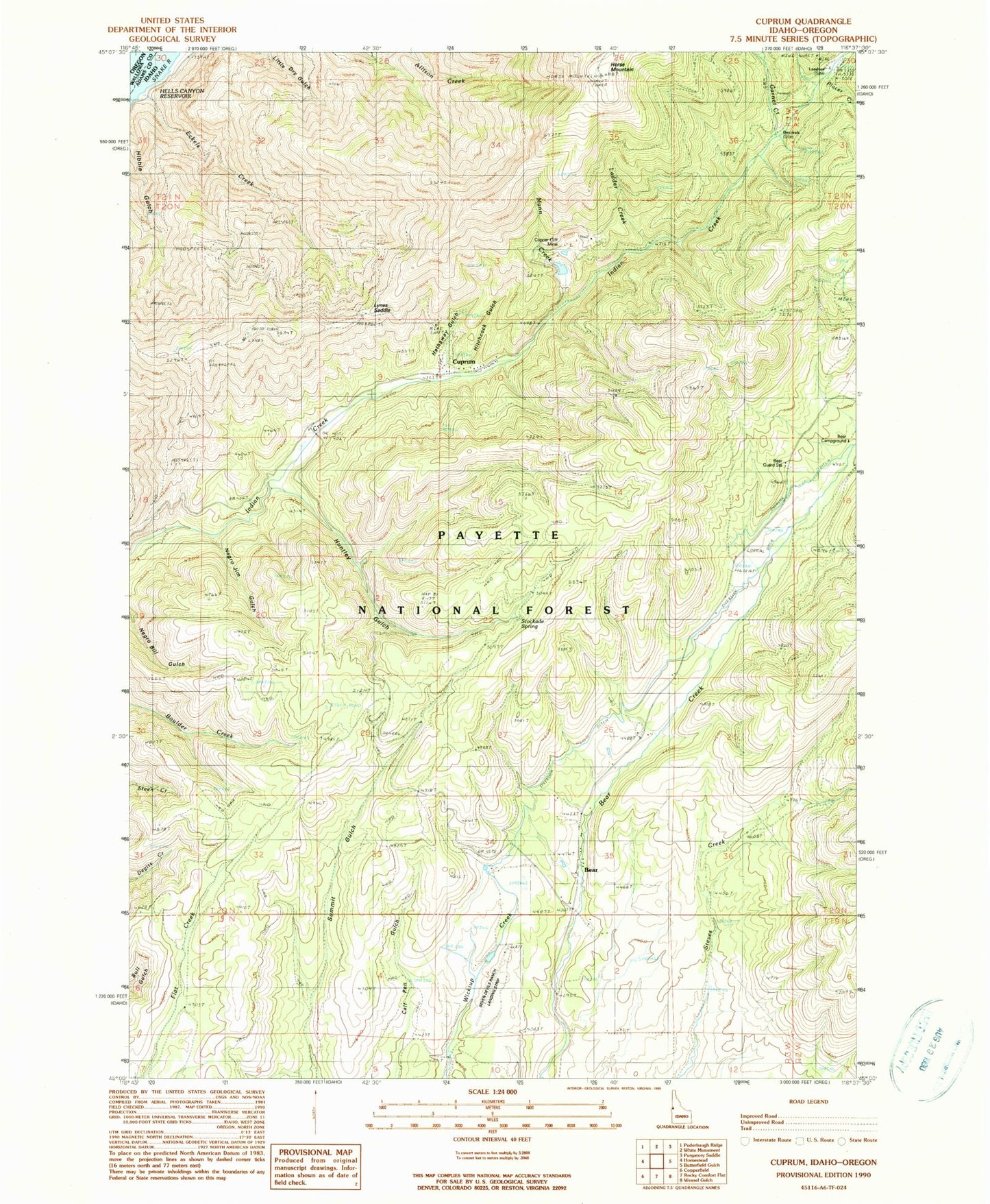 Classic USGS Cuprum Idaho 7.5'x7.5' Topo Map Image