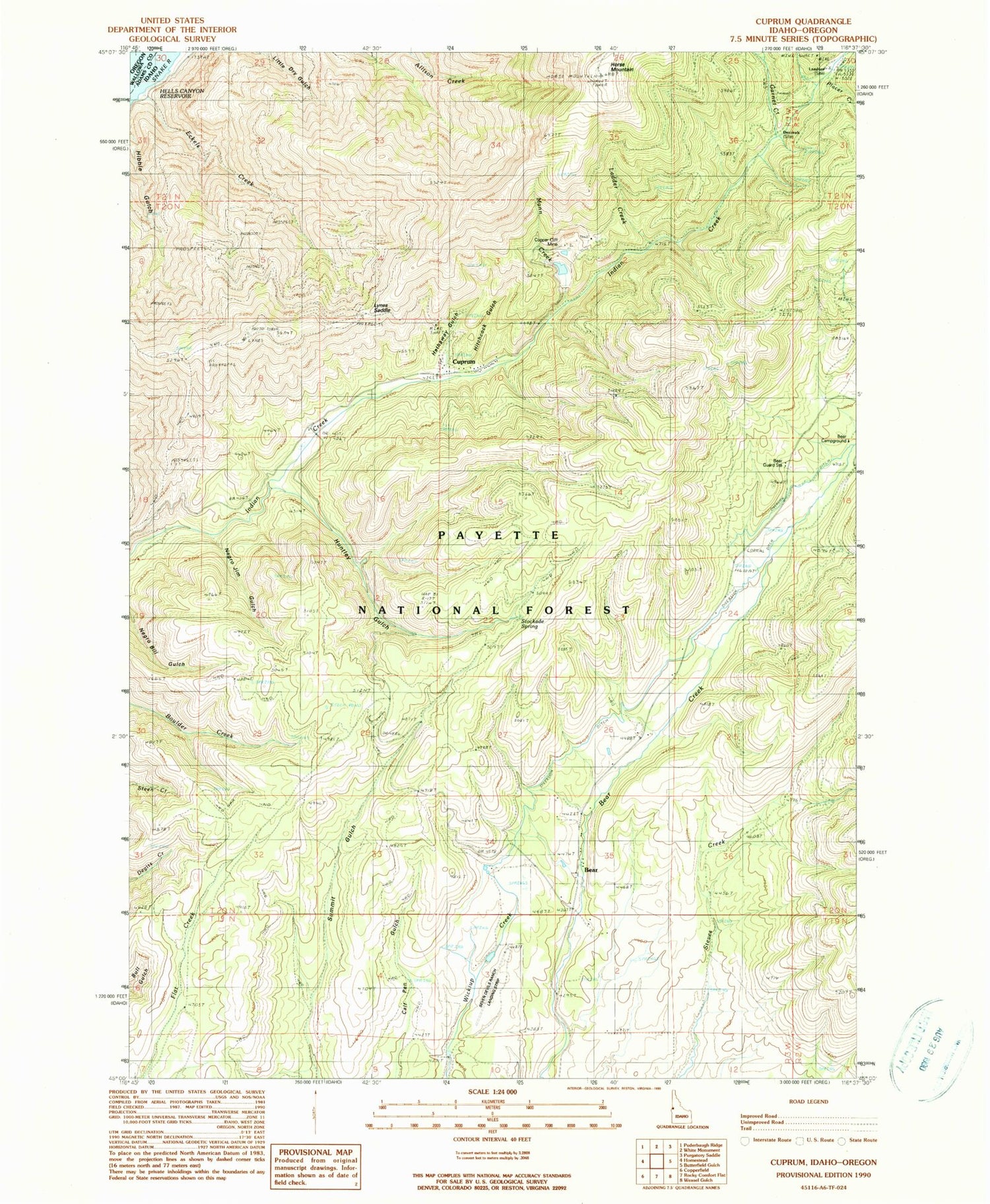Classic USGS Cuprum Idaho 7.5'x7.5' Topo Map Image