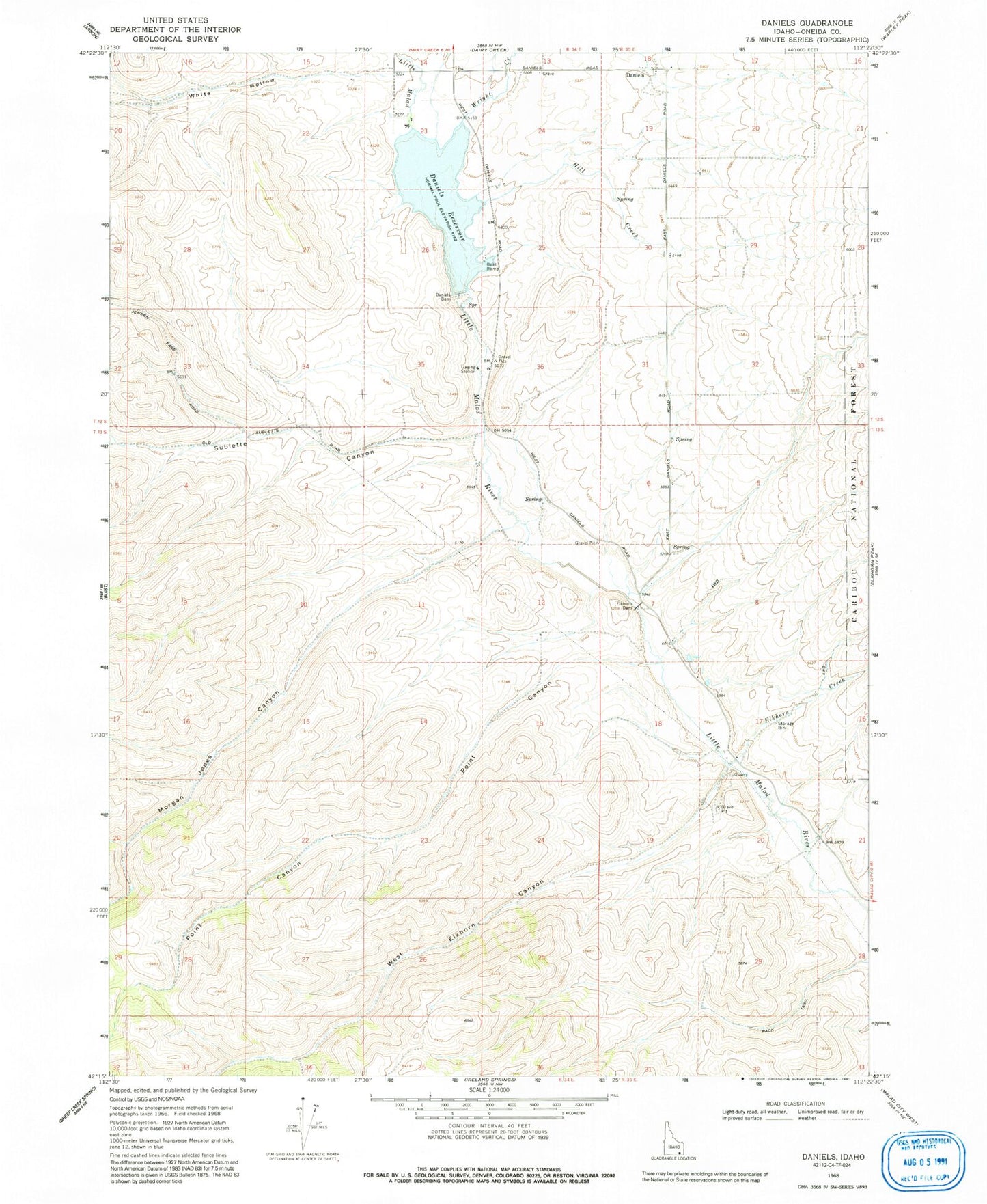 Classic USGS Daniels Idaho 7.5'x7.5' Topo Map Image