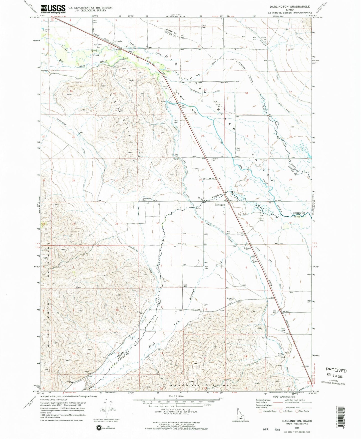 Classic USGS Darlington Idaho 7.5'x7.5' Topo Map Image