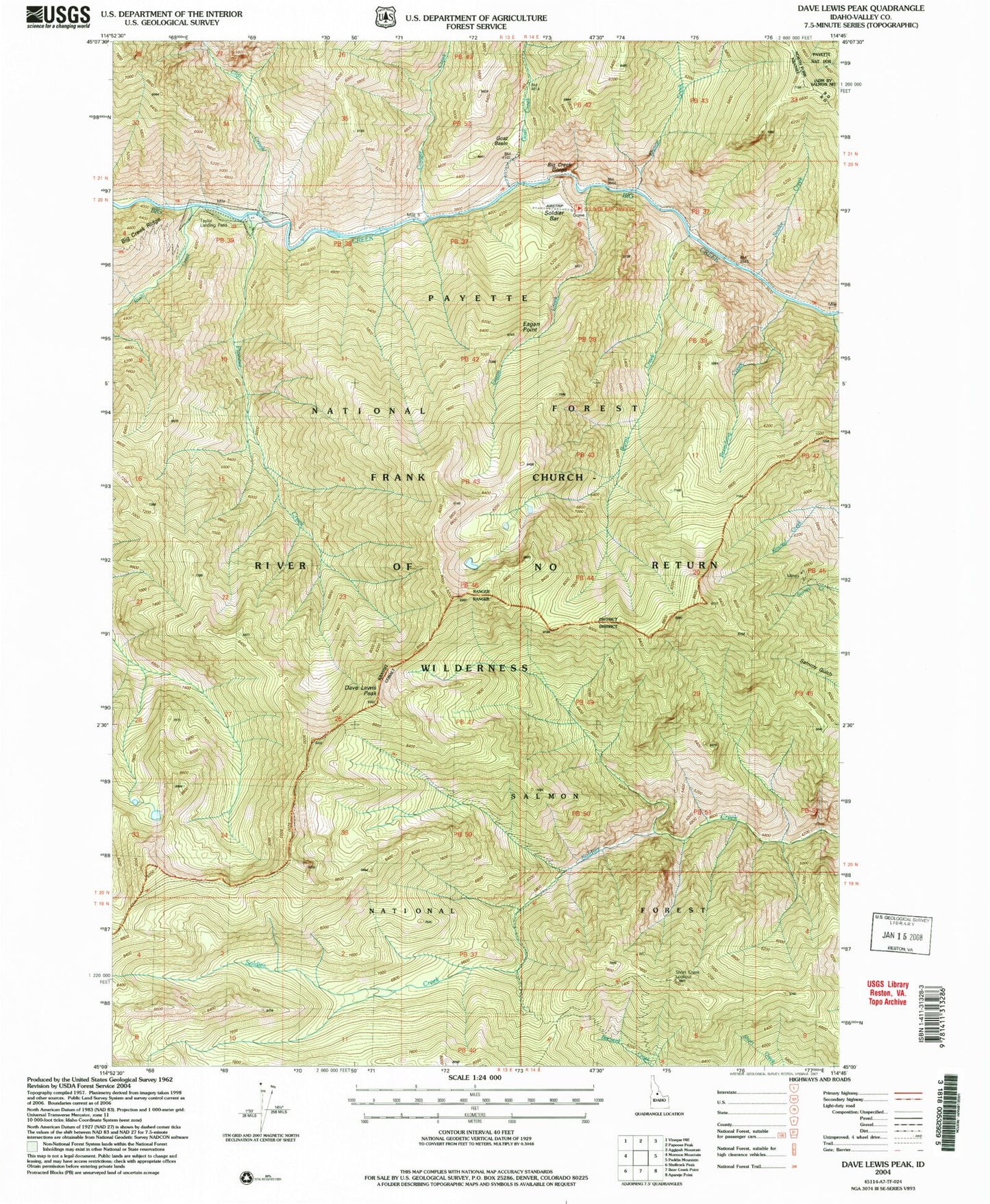 Classic USGS Dave Lewis Peak Idaho 7.5'x7.5' Topo Map Image