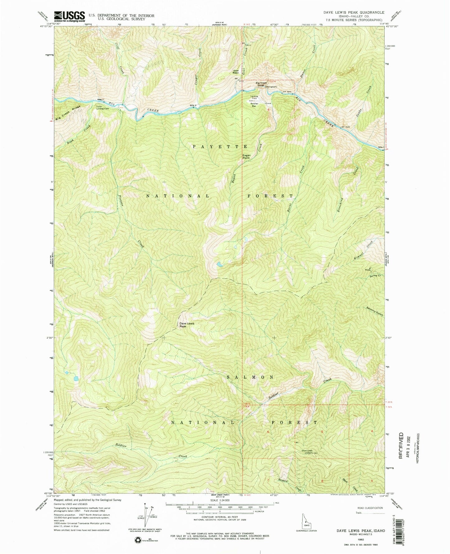 Classic USGS Dave Lewis Peak Idaho 7.5'x7.5' Topo Map Image