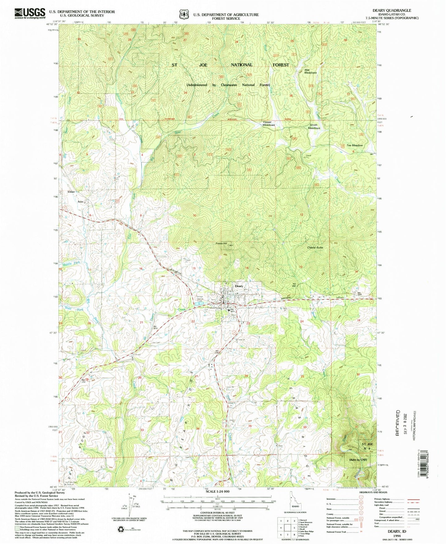Classic USGS Deary Idaho 7.5'x7.5' Topo Map Image