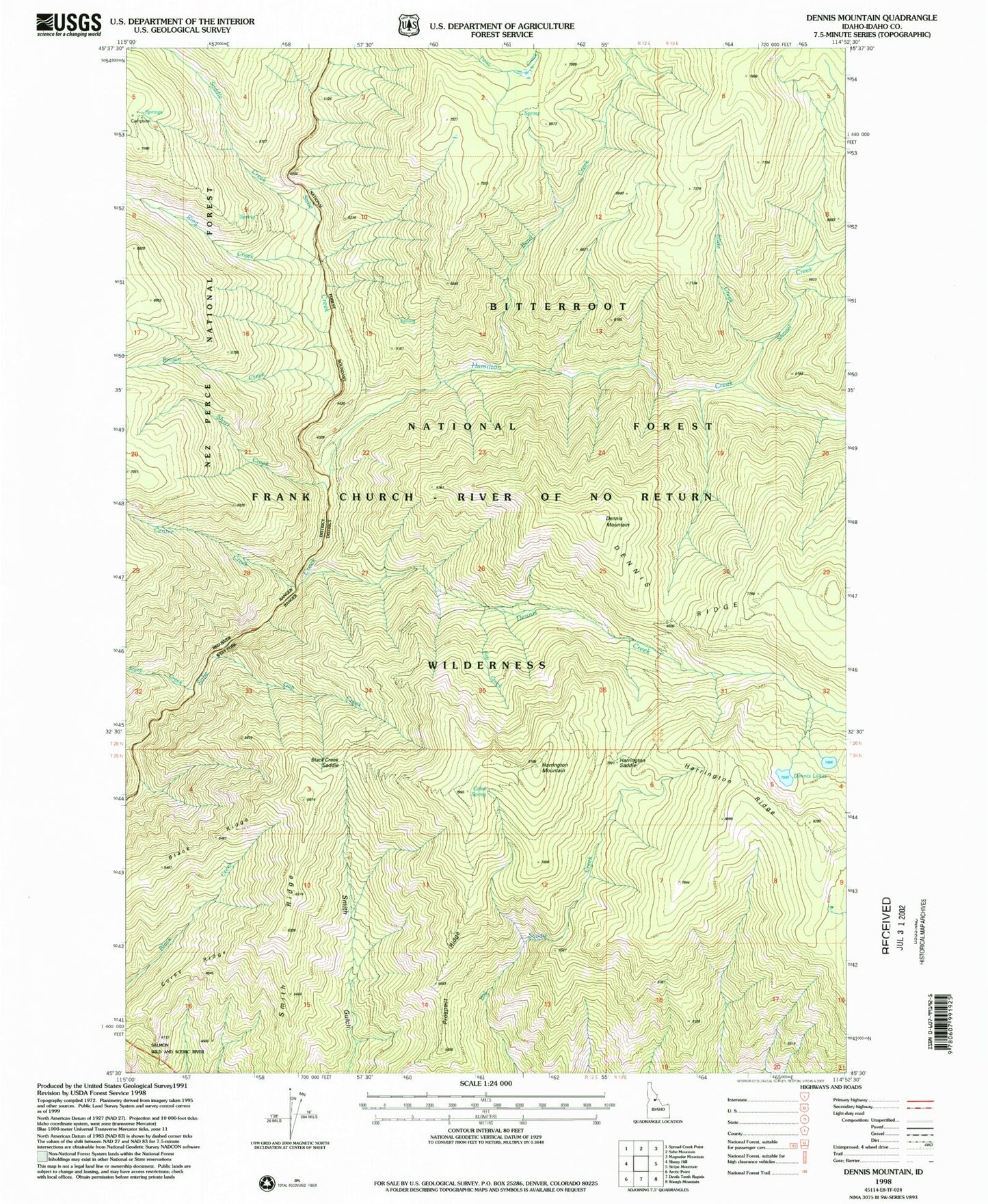 Classic USGS Dennis Mountain Idaho 7.5'x7.5' Topo Map Image