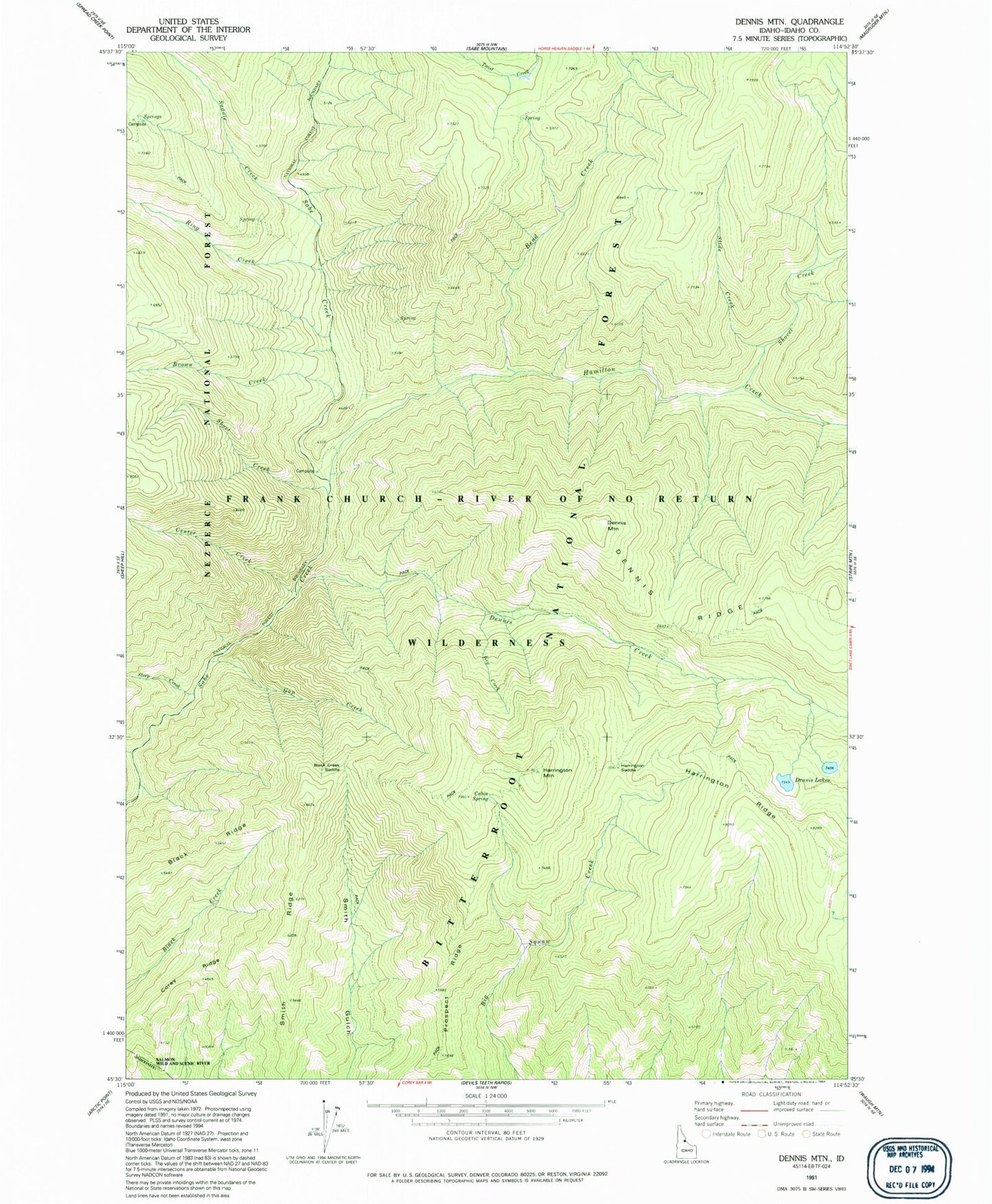 Classic USGS Dennis Mountain Idaho 7.5'x7.5' Topo Map Image