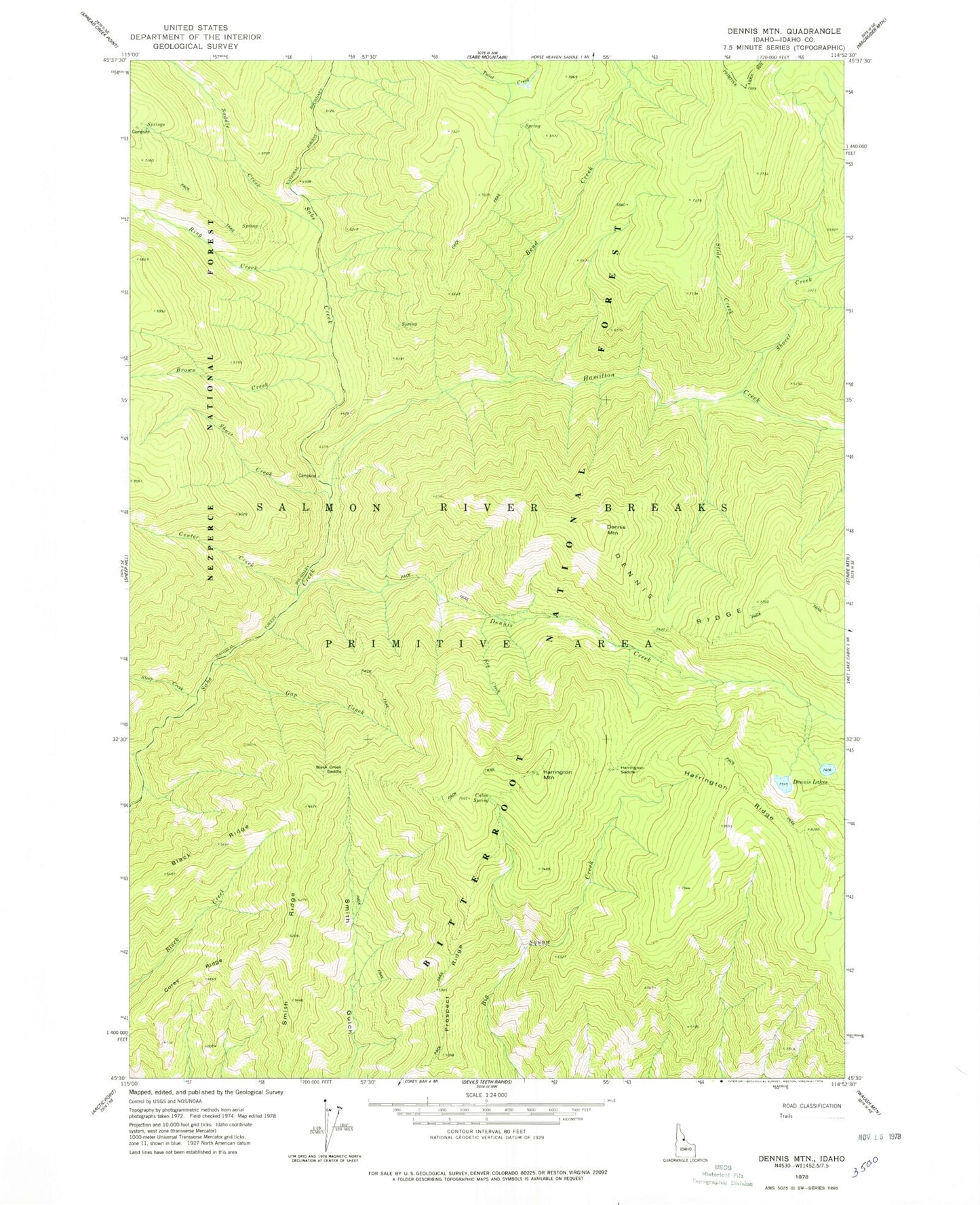 Classic USGS Dennis Mountain Idaho 7.5'x7.5' Topo Map Image