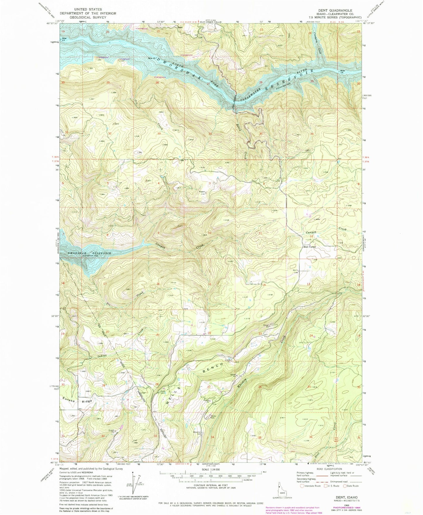 Classic USGS Dent Idaho 7.5'x7.5' Topo Map Image
