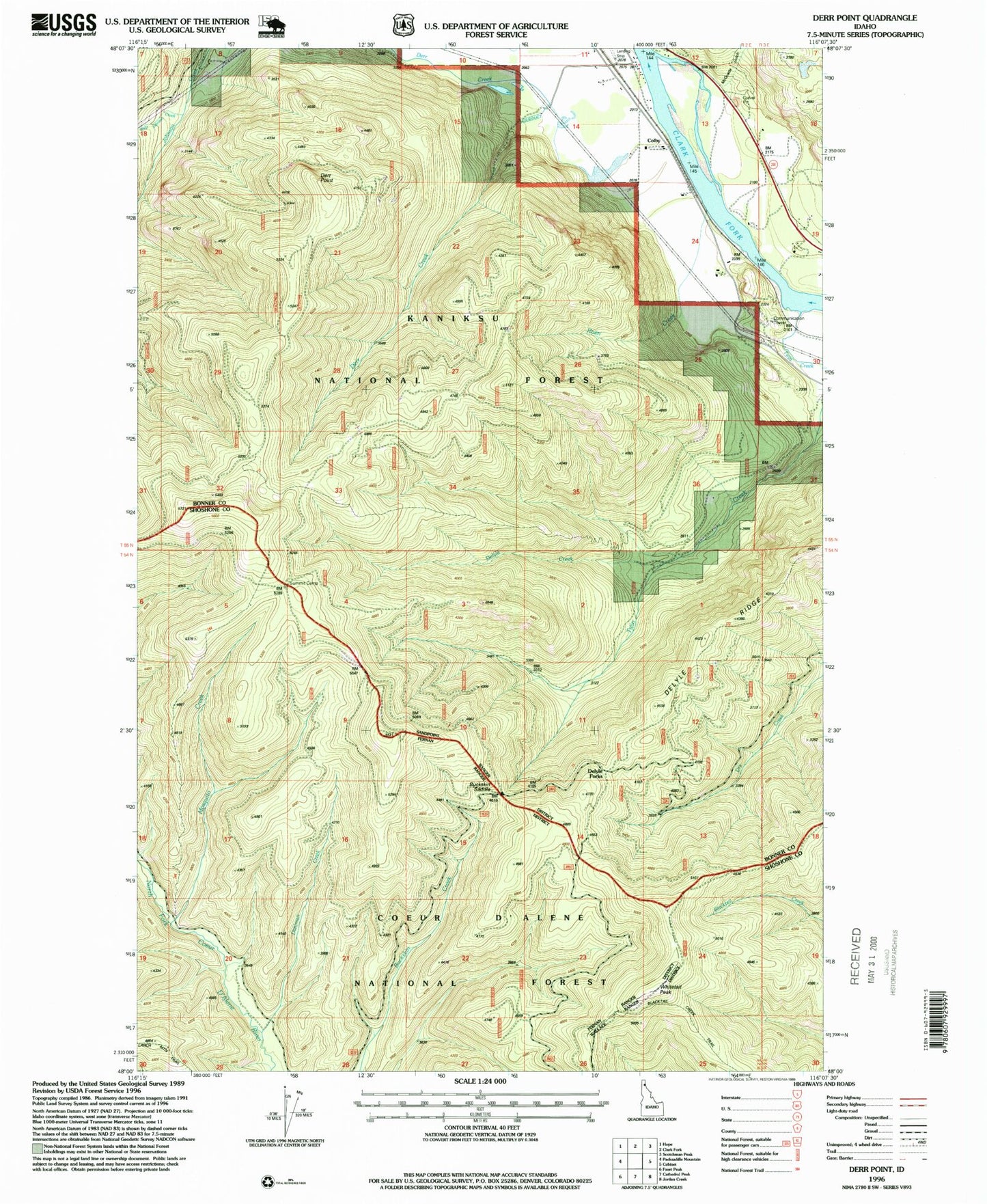 Classic USGS Derr Point Idaho 7.5'x7.5' Topo Map Image
