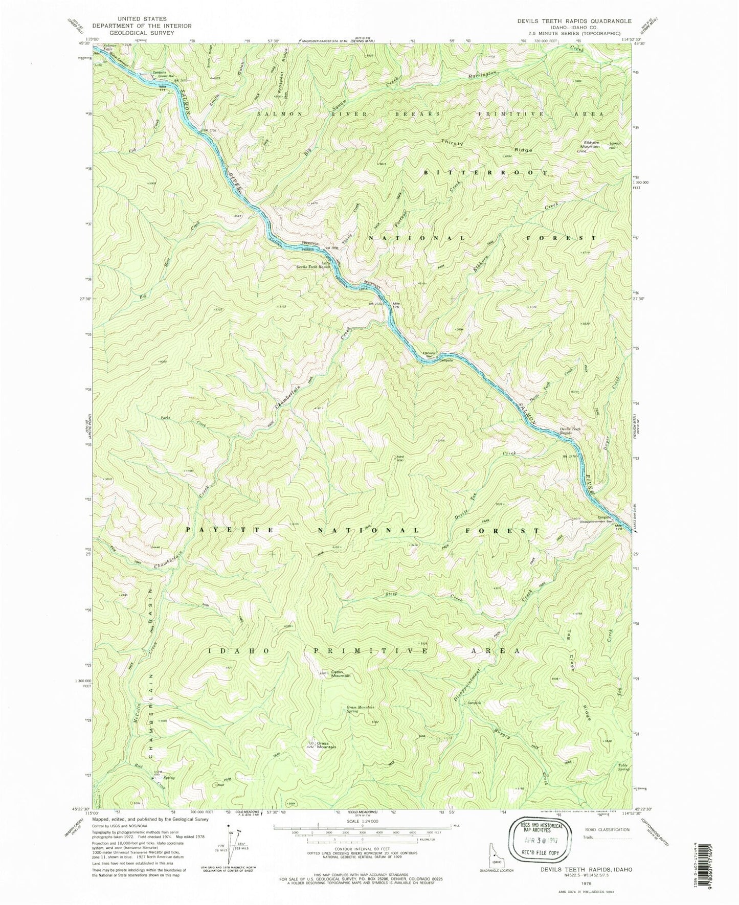 Classic USGS Devils Teeth Rapids Idaho 7.5'x7.5' Topo Map Image