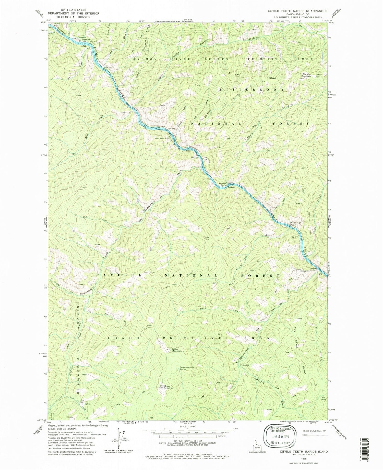 Classic USGS Devils Teeth Rapids Idaho 7.5'x7.5' Topo Map Image