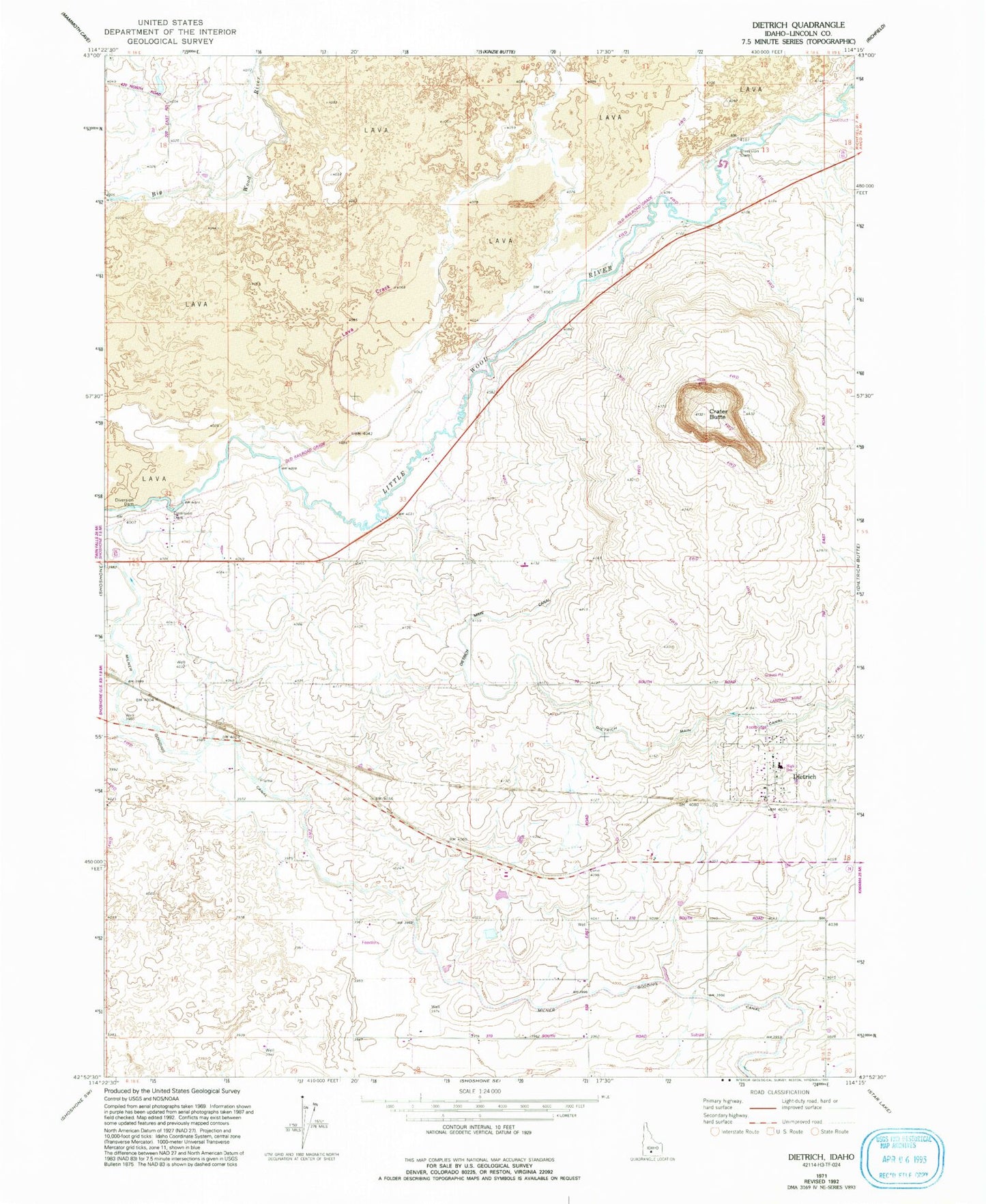 Classic USGS Dietrich Idaho 7.5'x7.5' Topo Map Image