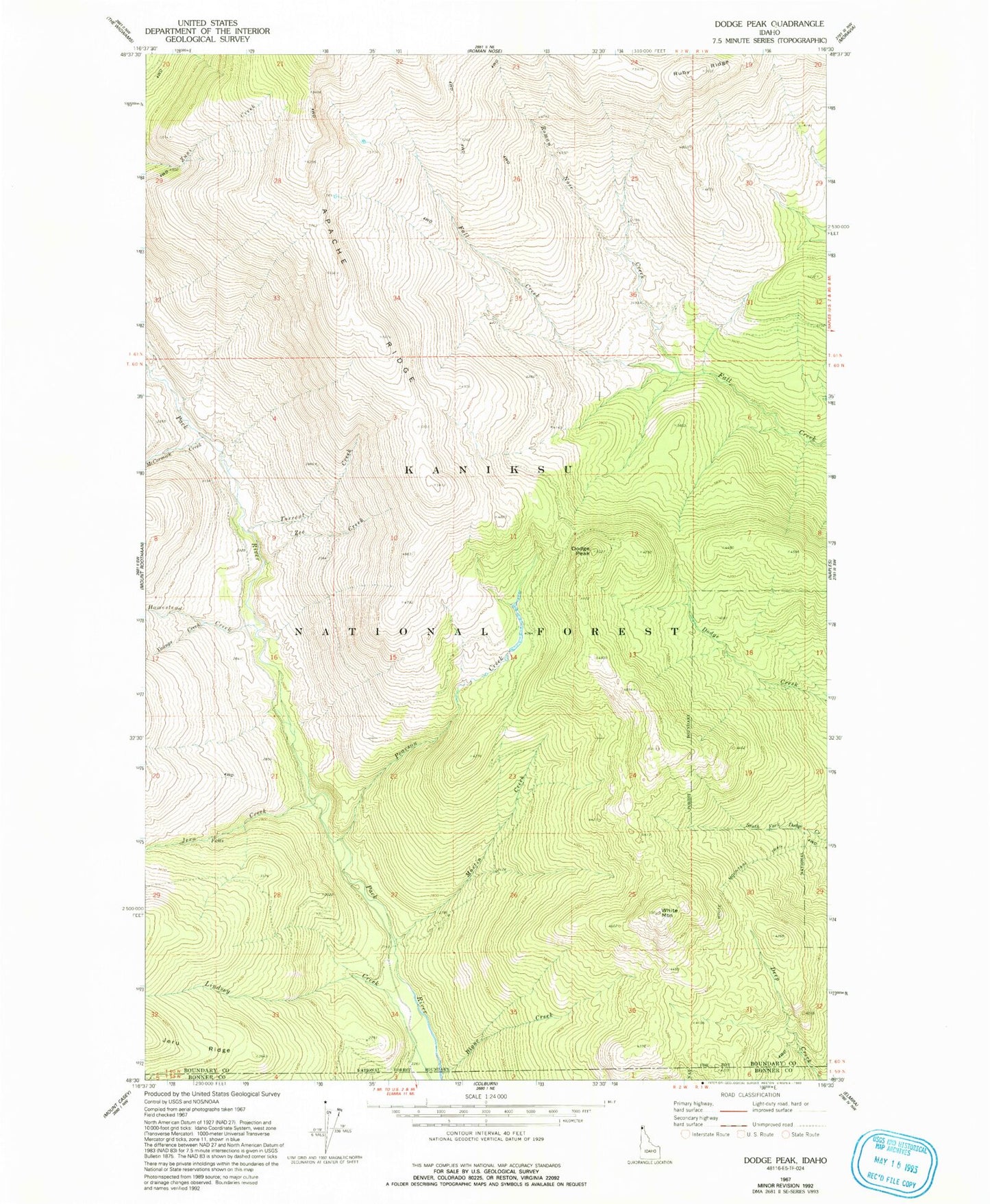 Classic USGS Dodge Peak Idaho 7.5'x7.5' Topo Map Image