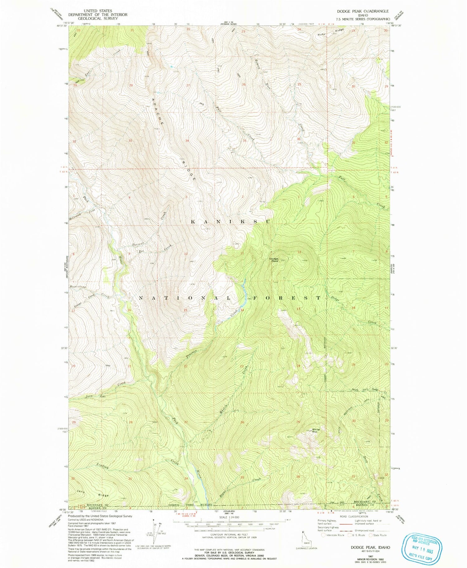 Classic USGS Dodge Peak Idaho 7.5'x7.5' Topo Map Image