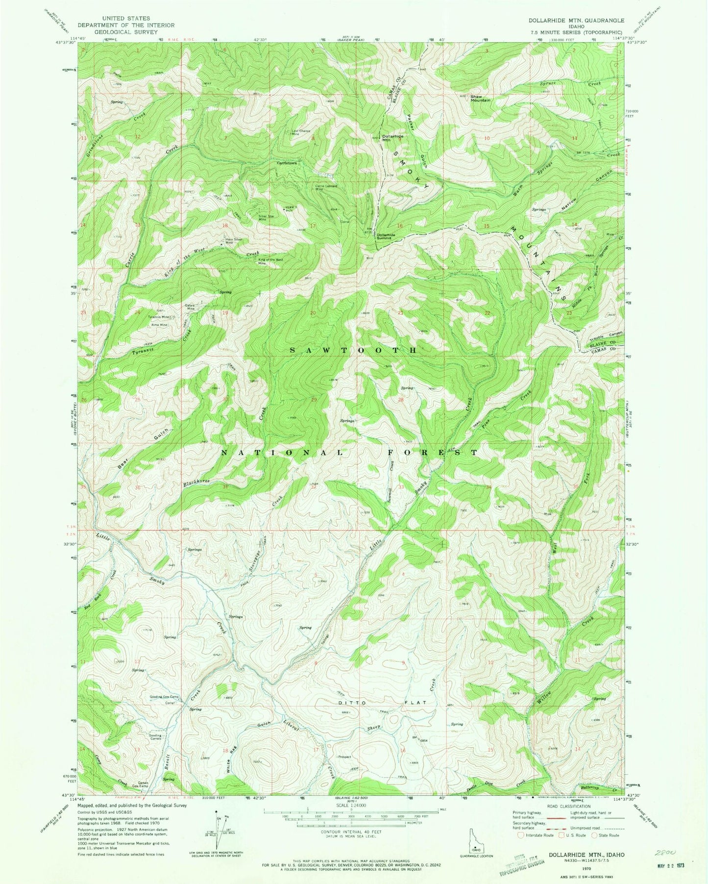 Classic USGS Dollarhide Mountain Idaho 7.5'x7.5' Topo Map Image