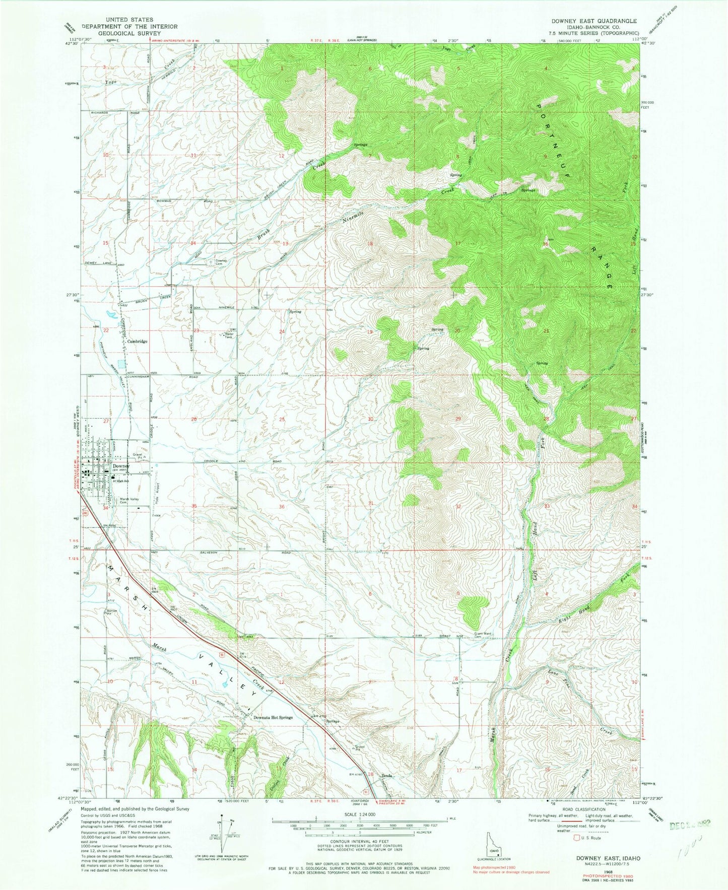 Classic USGS Downey East Idaho 7.5'x7.5' Topo Map Image
