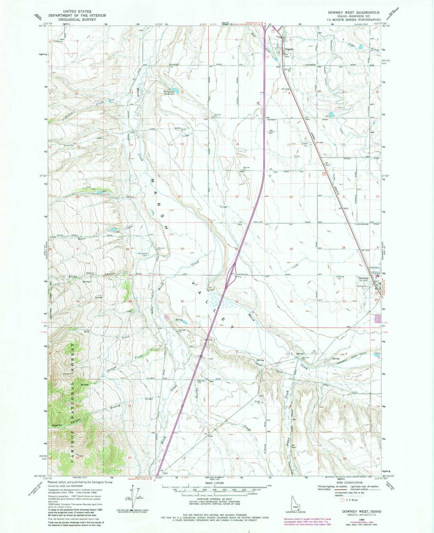 Classic USGS Downey West Idaho 7.5'x7.5' Topo Map Image