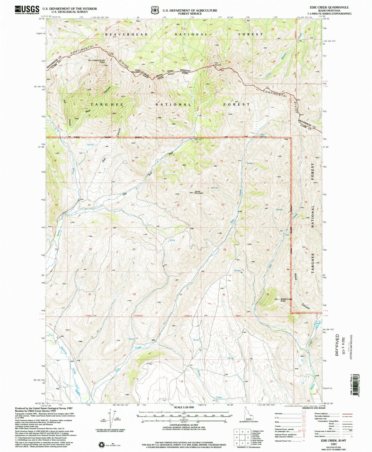 Classic USGS Edie Creek Idaho 7.5'x7.5' Topo Map Image