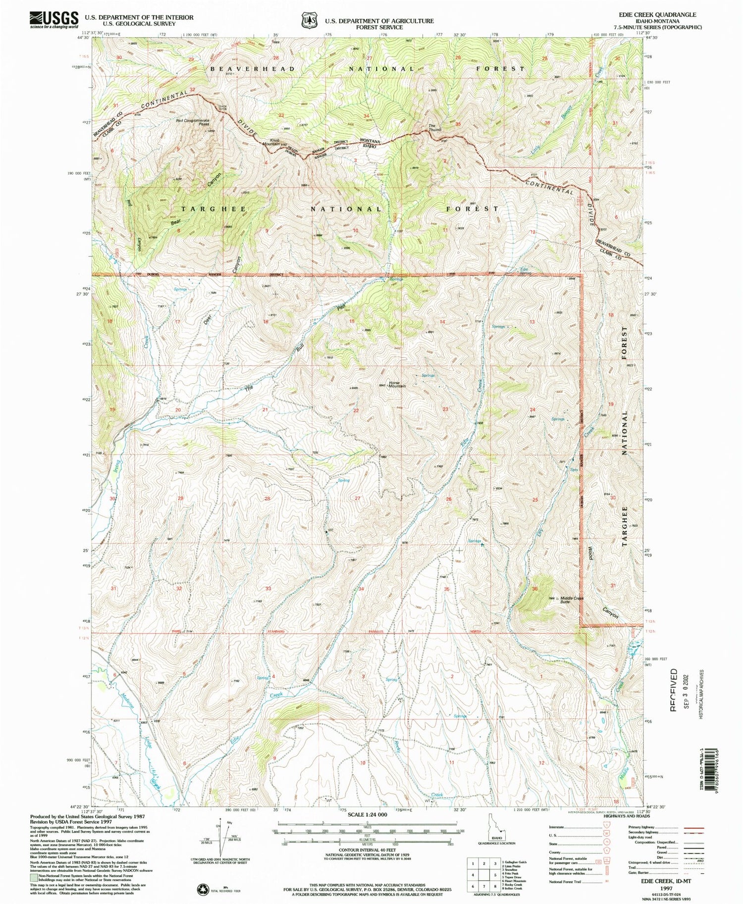 Classic USGS Edie Creek Idaho 7.5'x7.5' Topo Map Image