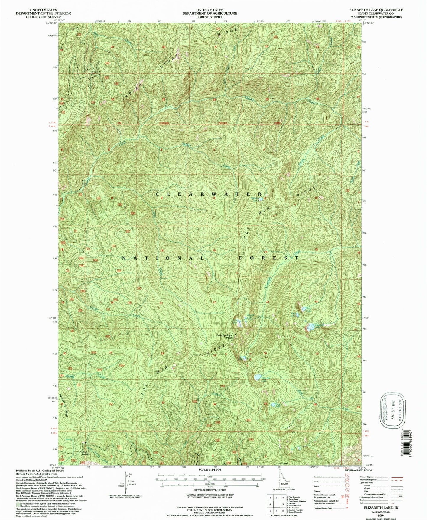 Classic USGS Elizabeth Lake Idaho 7.5'x7.5' Topo Map Image