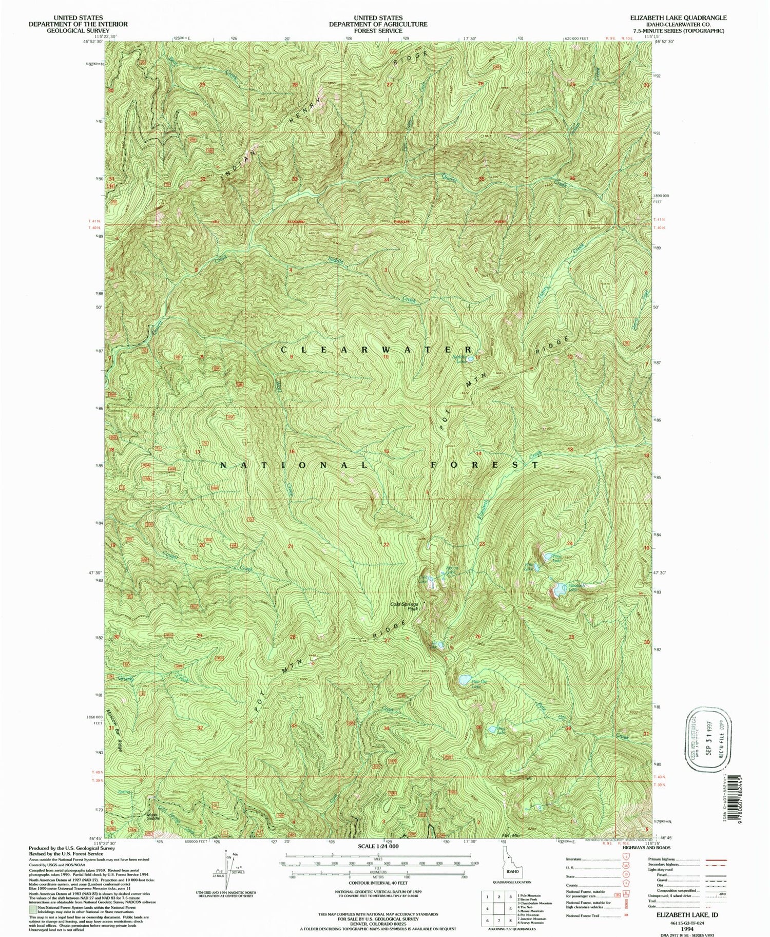 Classic USGS Elizabeth Lake Idaho 7.5'x7.5' Topo Map Image