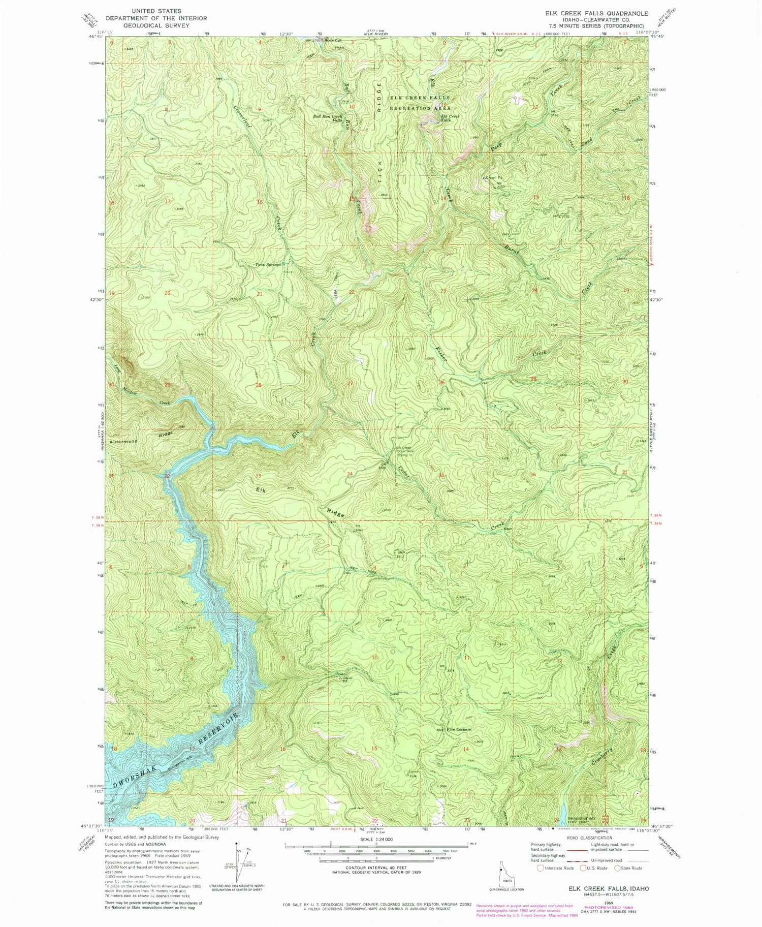 Classic USGS Elk Creek Falls Idaho 7.5'x7.5' Topo Map Image