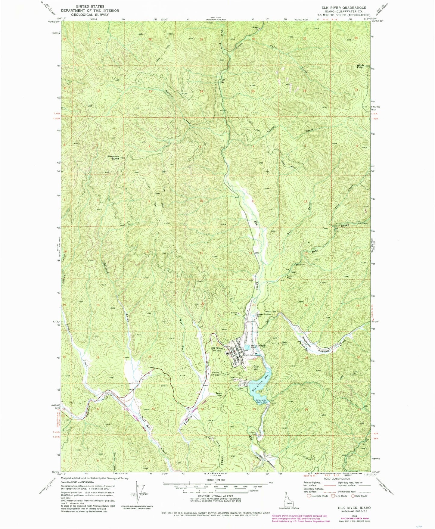 Classic USGS Elk River Idaho 7.5'x7.5' Topo Map Image