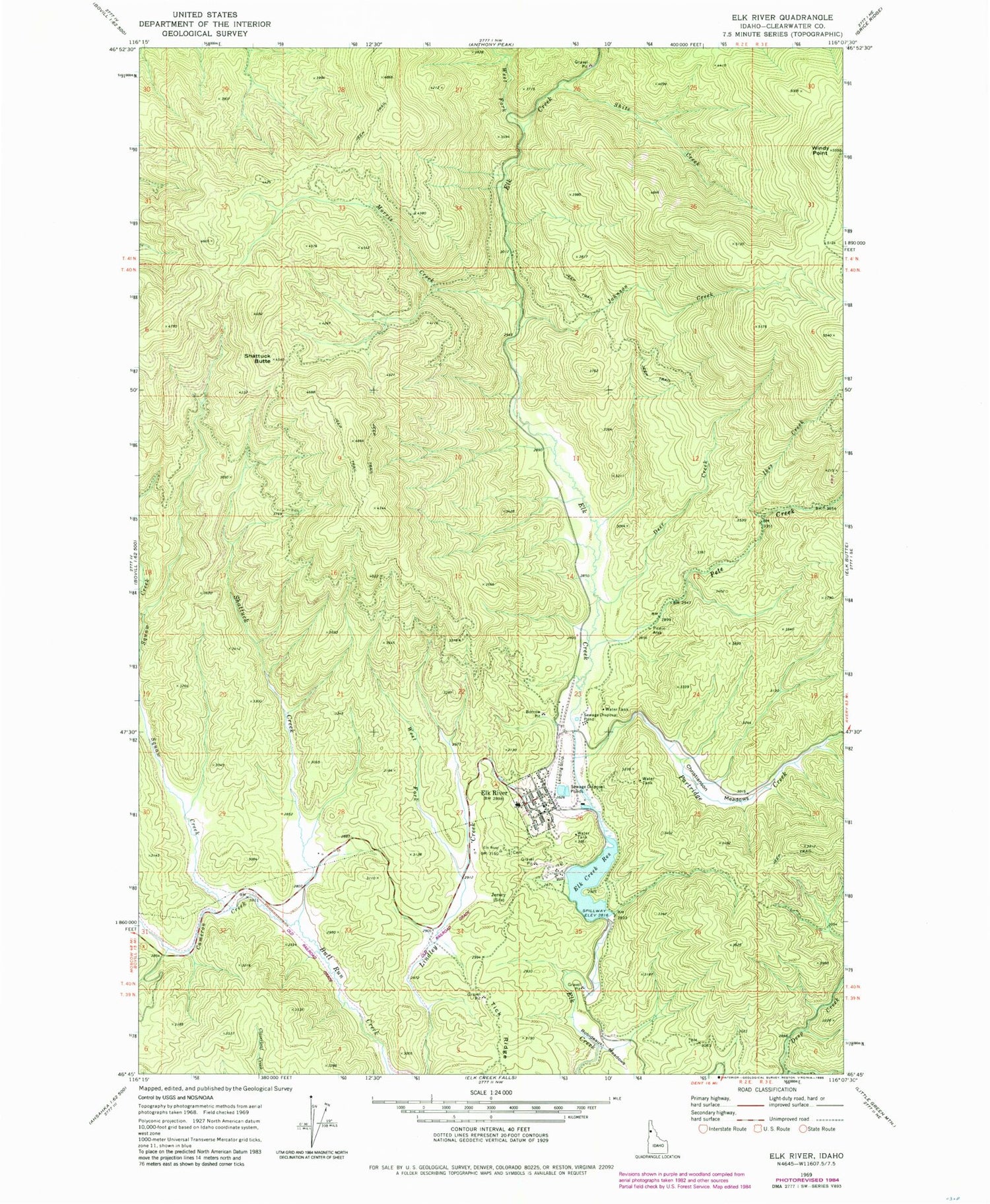 Classic USGS Elk River Idaho 7.5'x7.5' Topo Map Image