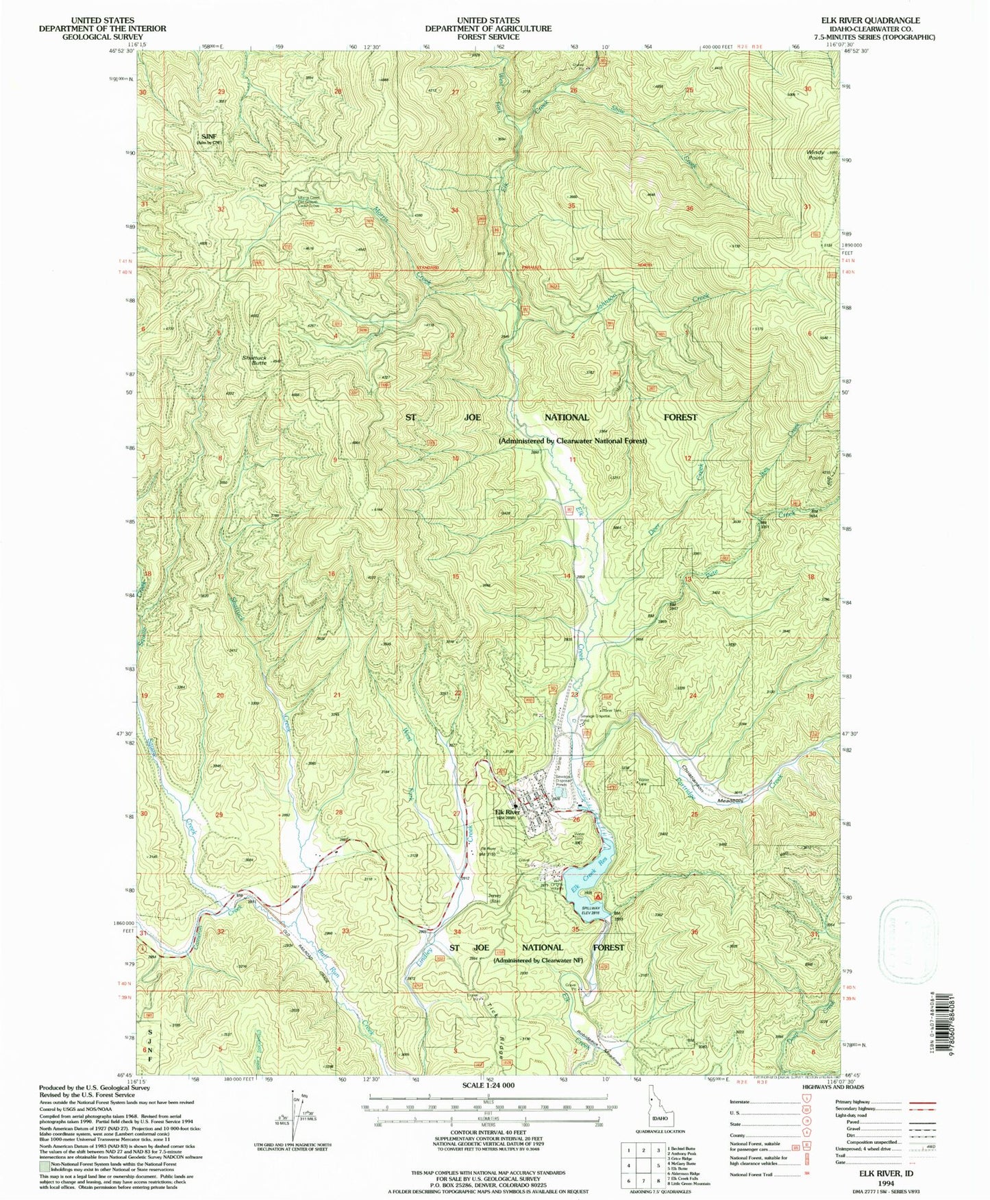 Classic USGS Elk River Idaho 7.5'x7.5' Topo Map Image