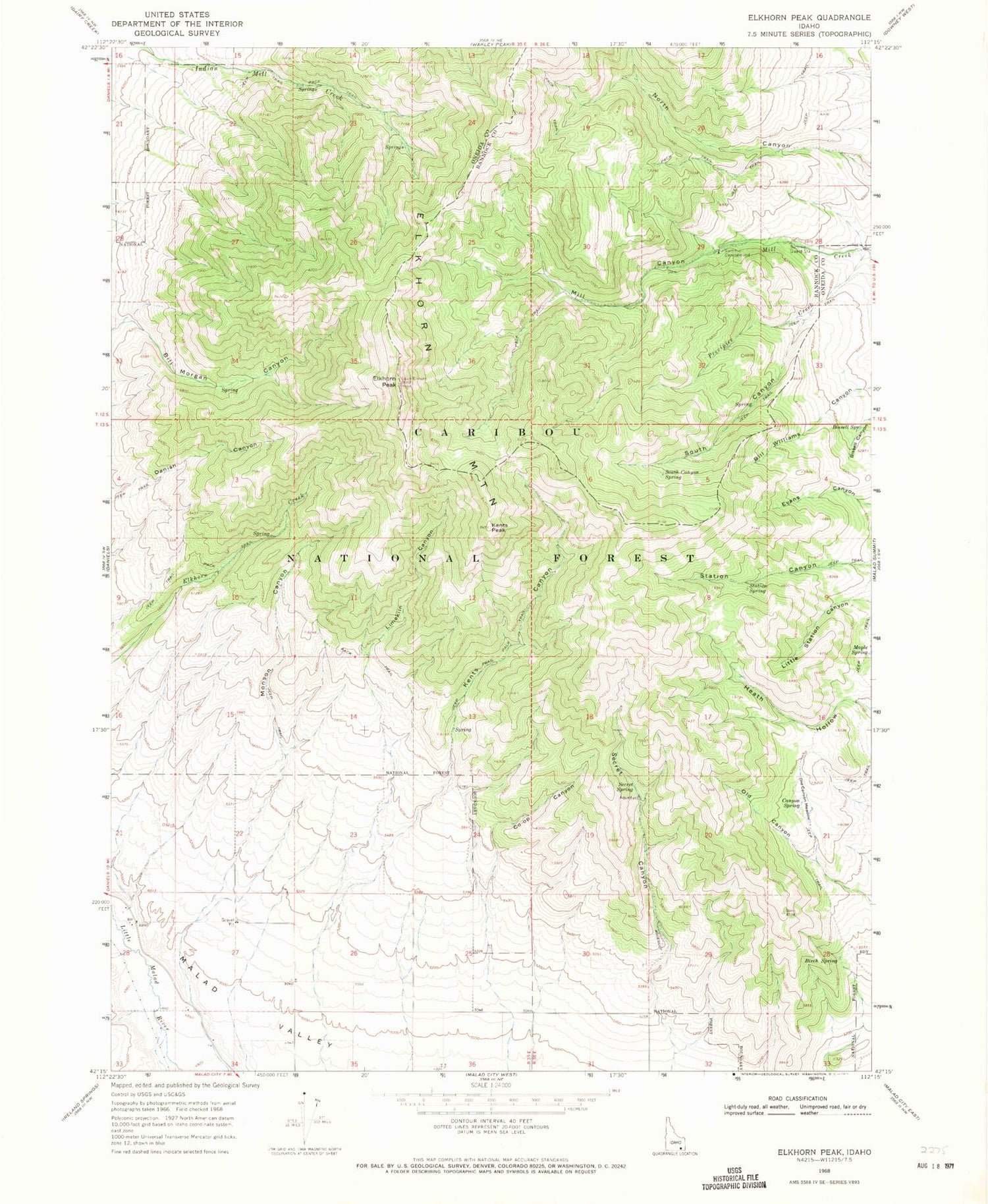 Classic USGS Elkhorn Peak Idaho 7.5'x7.5' Topo Map Image