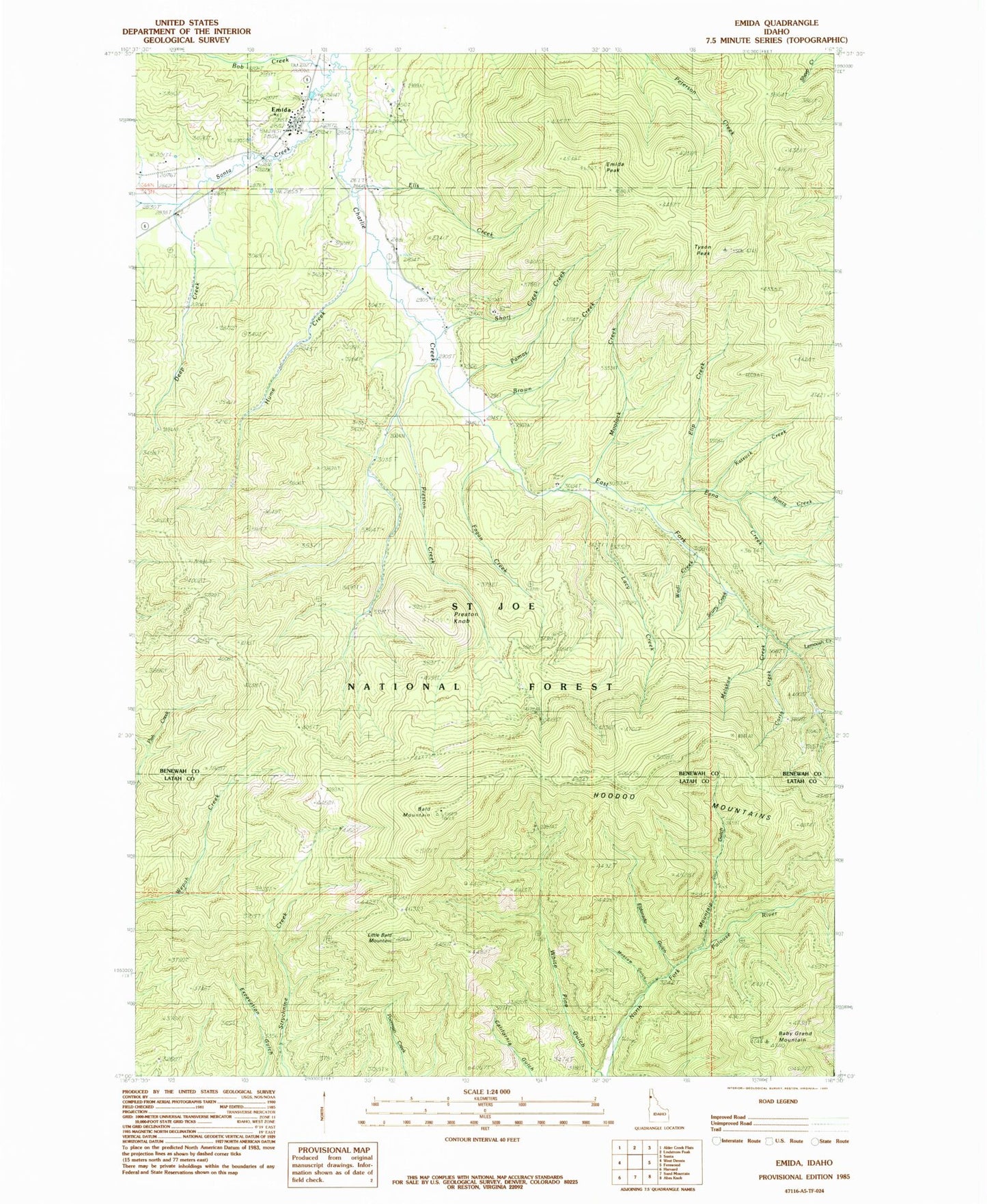 Classic USGS Emida Idaho 7.5'x7.5' Topo Map Image