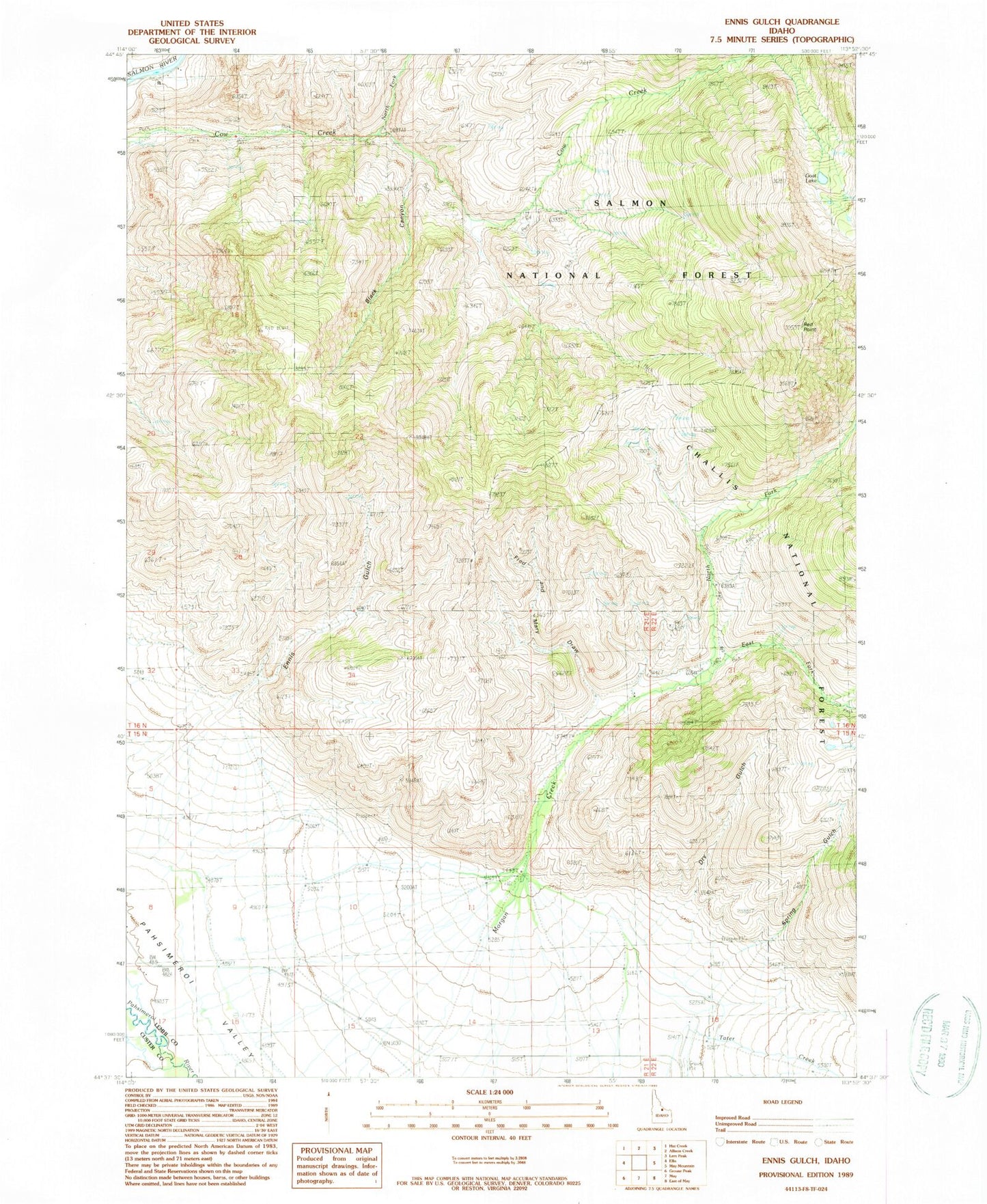 Classic USGS Ennis Gulch Idaho 7.5'x7.5' Topo Map Image