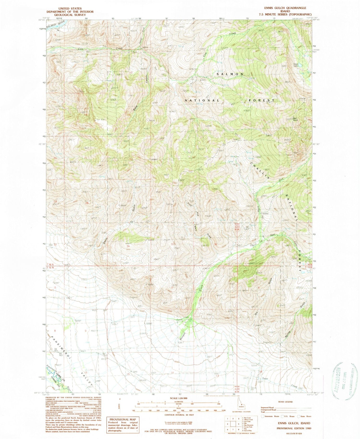 Classic USGS Ennis Gulch Idaho 7.5'x7.5' Topo Map Image