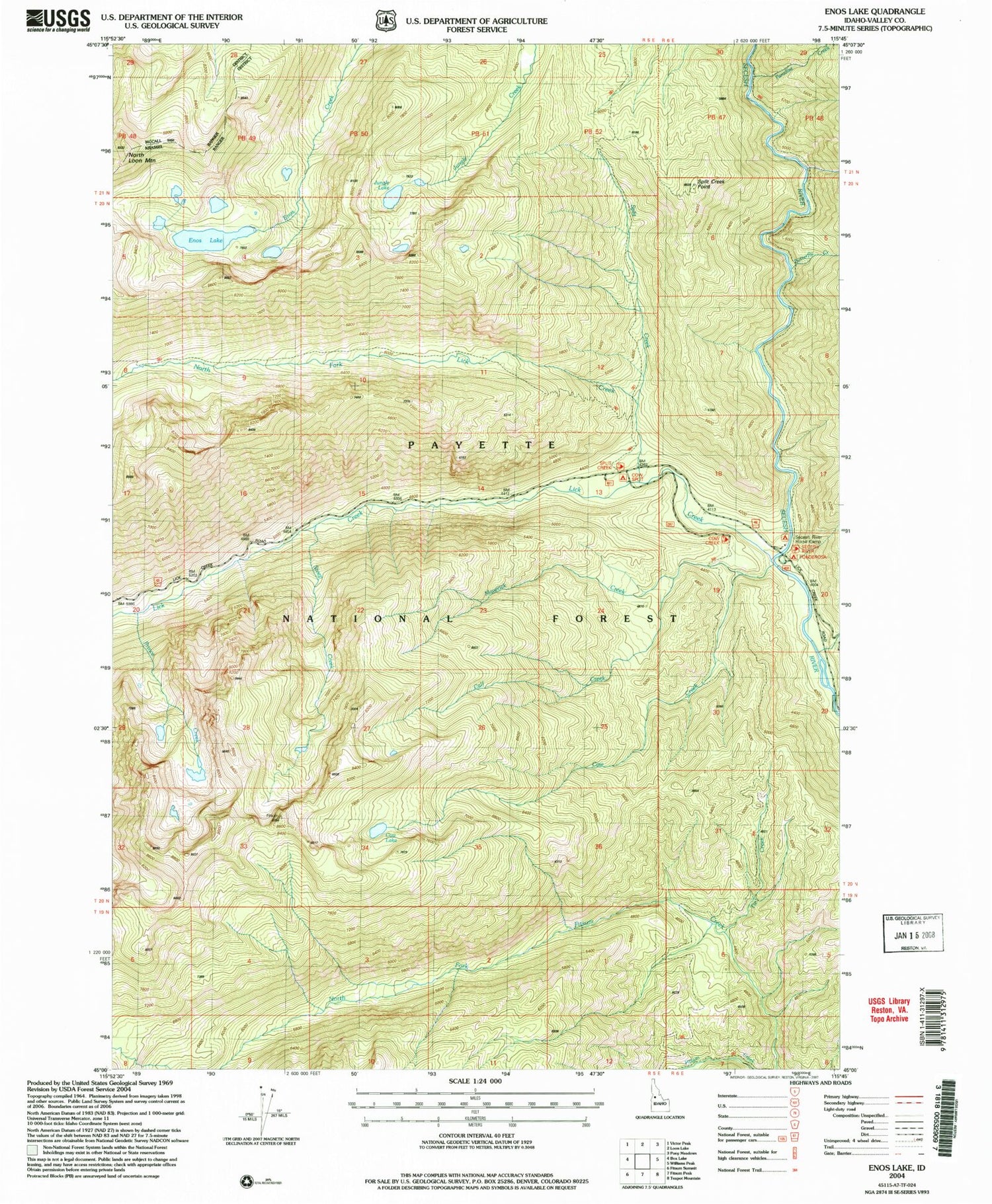 Classic USGS Enos Lake Idaho 7.5'x7.5' Topo Map Image