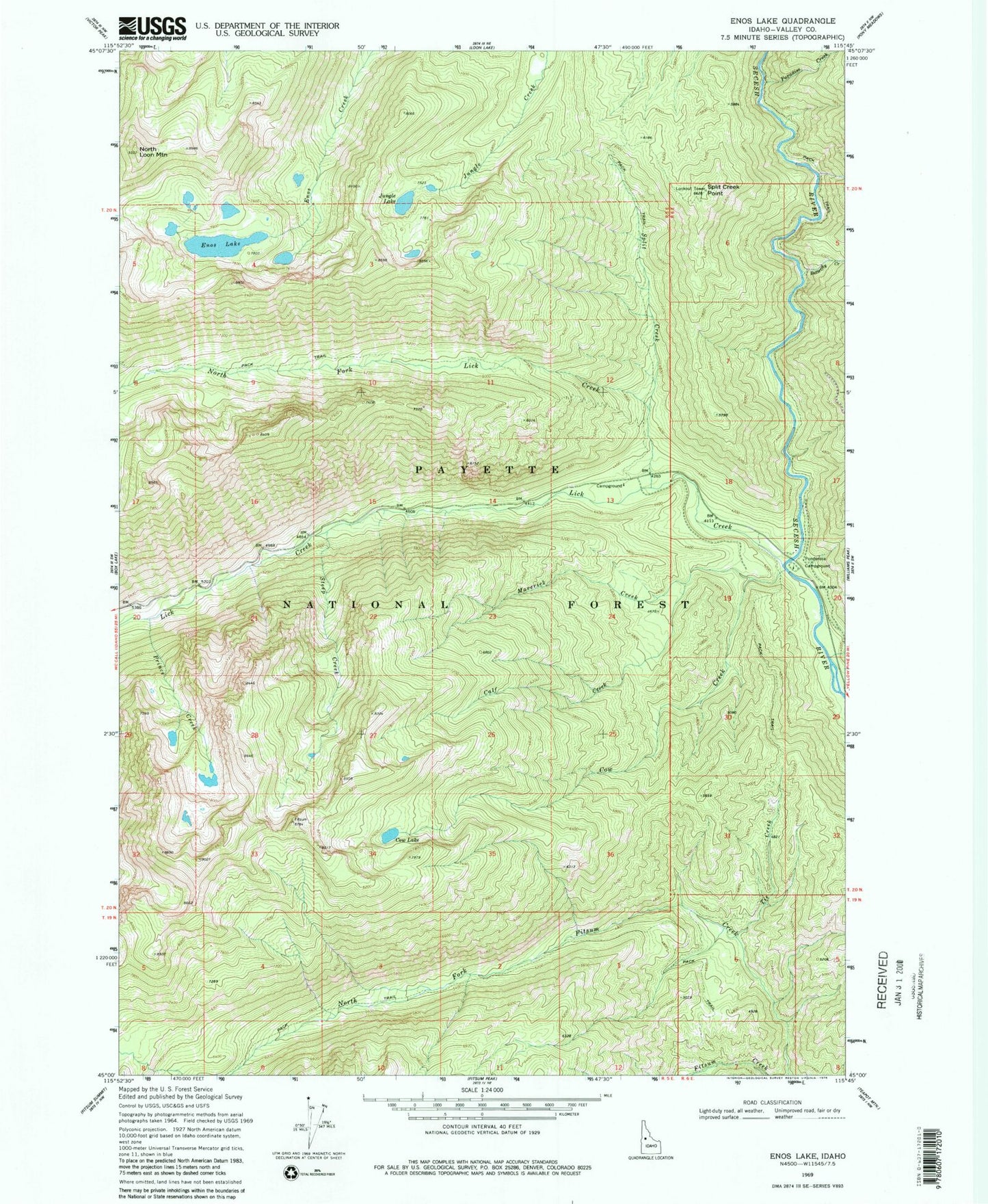 Classic USGS Enos Lake Idaho 7.5'x7.5' Topo Map Image