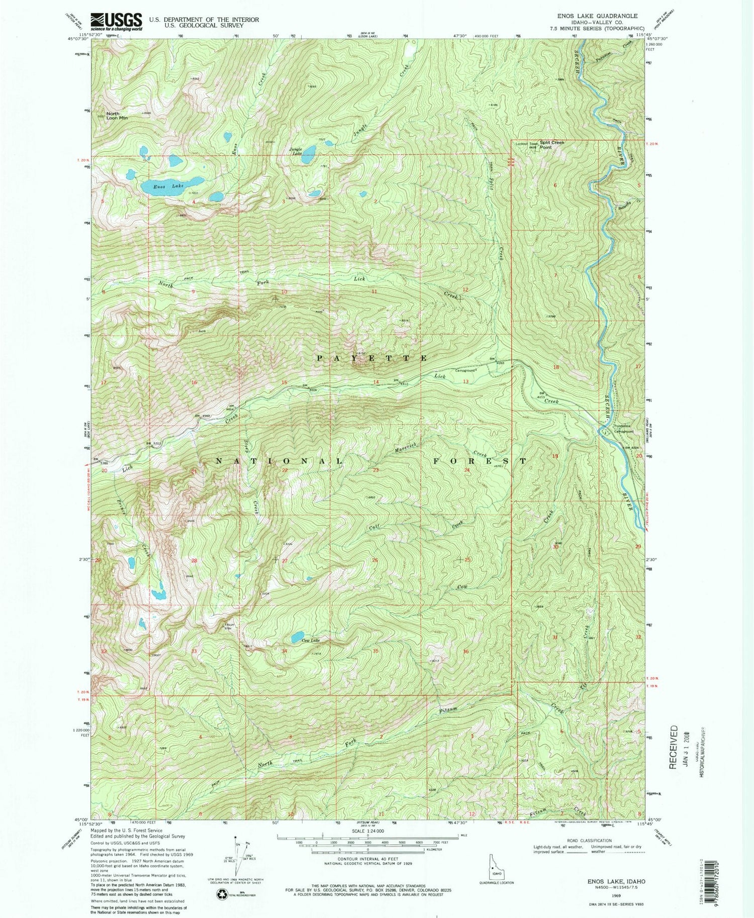 Classic USGS Enos Lake Idaho 7.5'x7.5' Topo Map Image