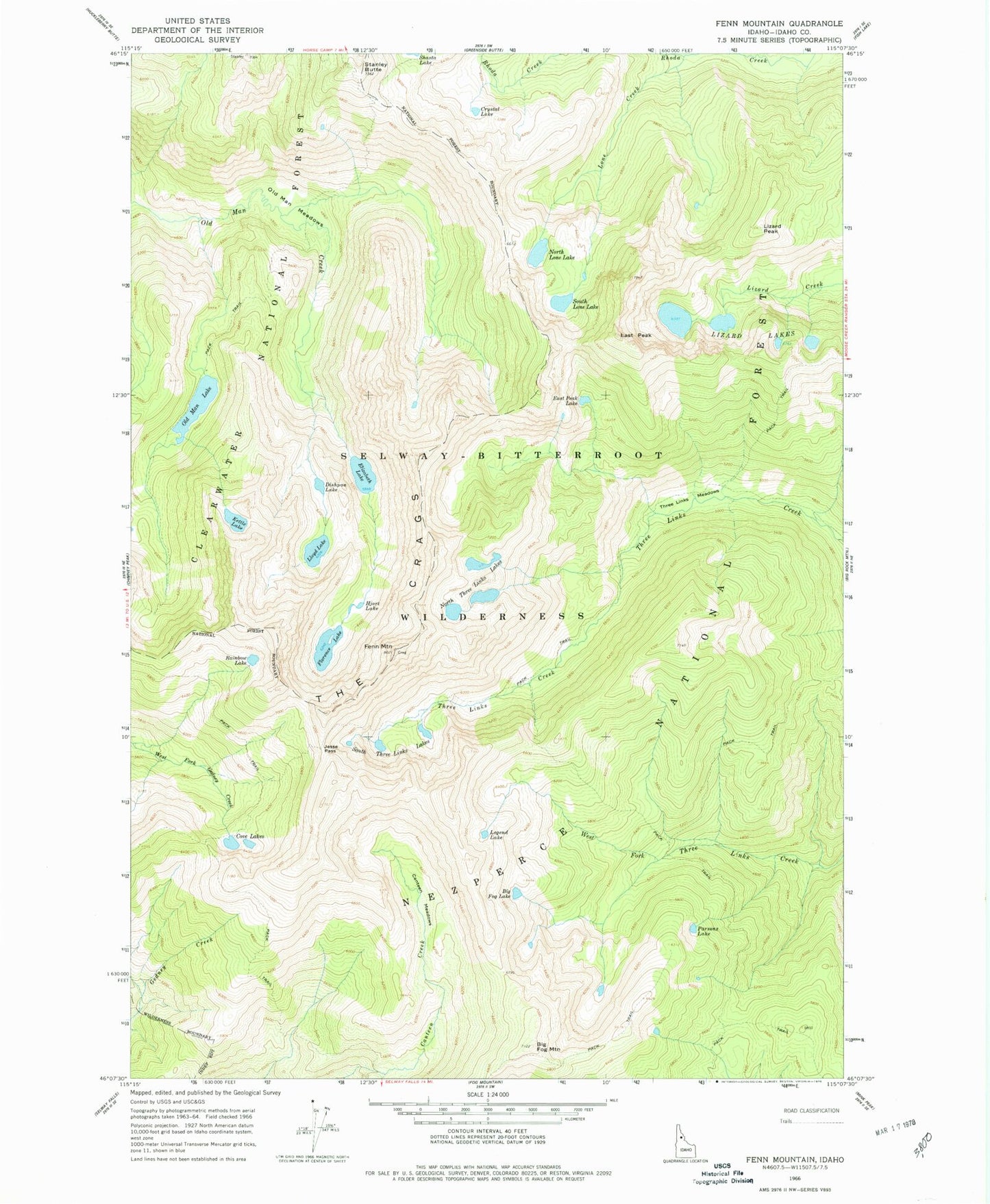 Classic USGS Fenn Mountain Idaho 7.5'x7.5' Topo Map Image