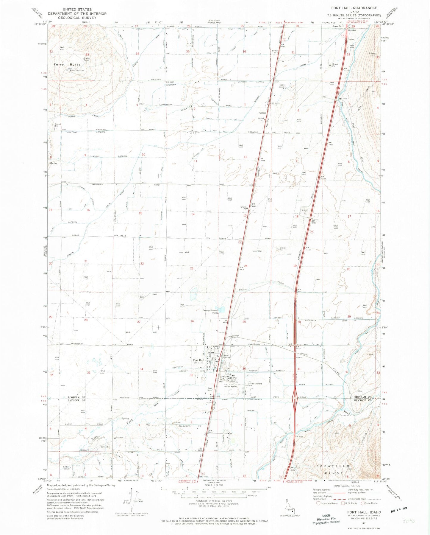 Classic USGS Fort Hall Idaho 7.5'x7.5' Topo Map Image