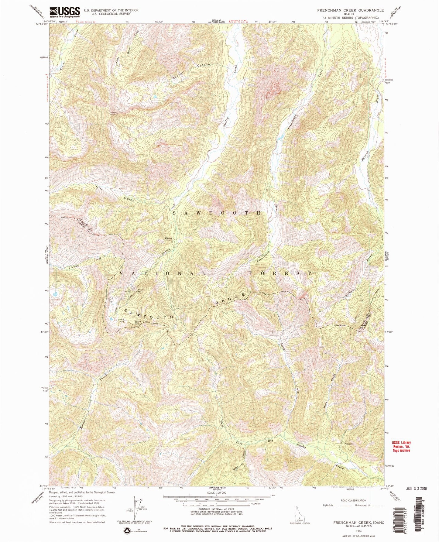 Classic USGS Frenchman Creek Idaho 7.5'x7.5' Topo Map Image