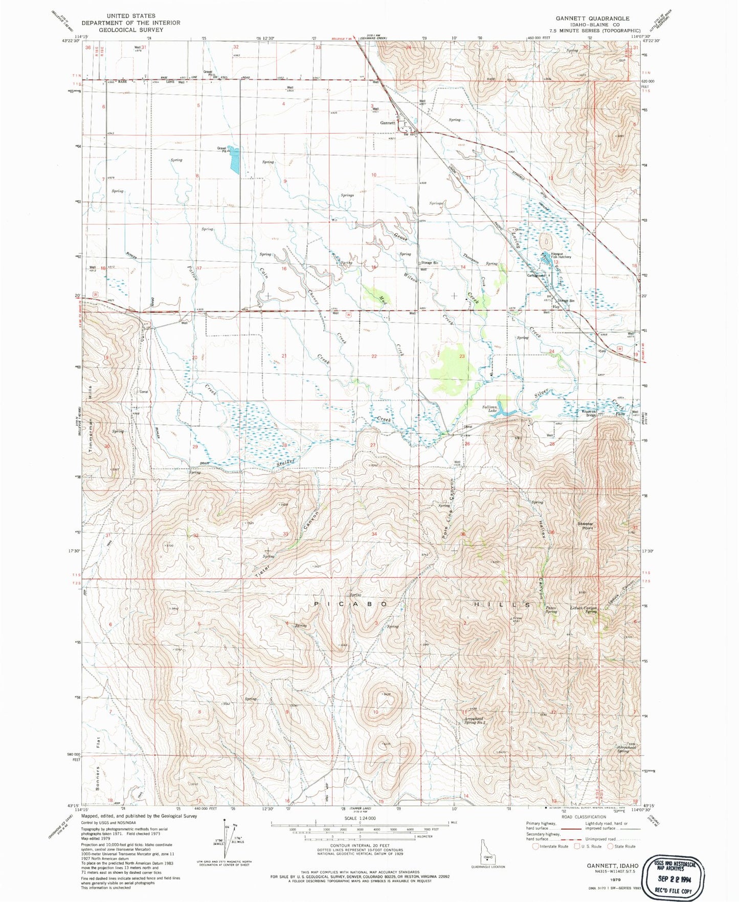 Classic USGS Gannett Idaho 7.5'x7.5' Topo Map Image