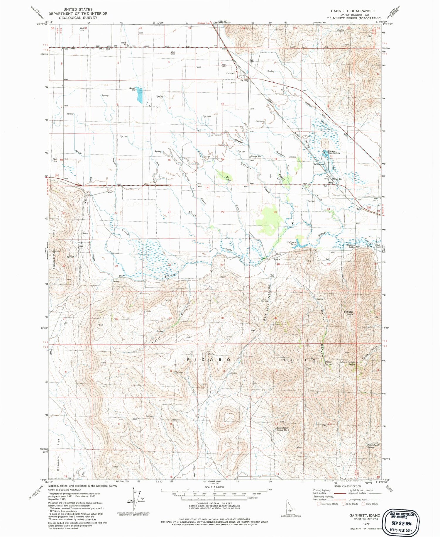 Classic USGS Gannett Idaho 7.5'x7.5' Topo Map Image
