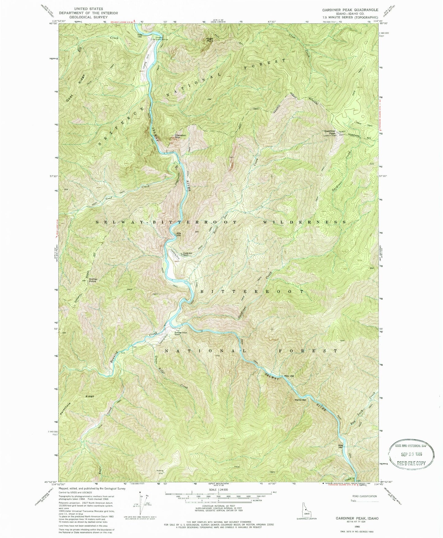 Classic USGS Gardiner Peak Idaho 7.5'x7.5' Topo Map Image