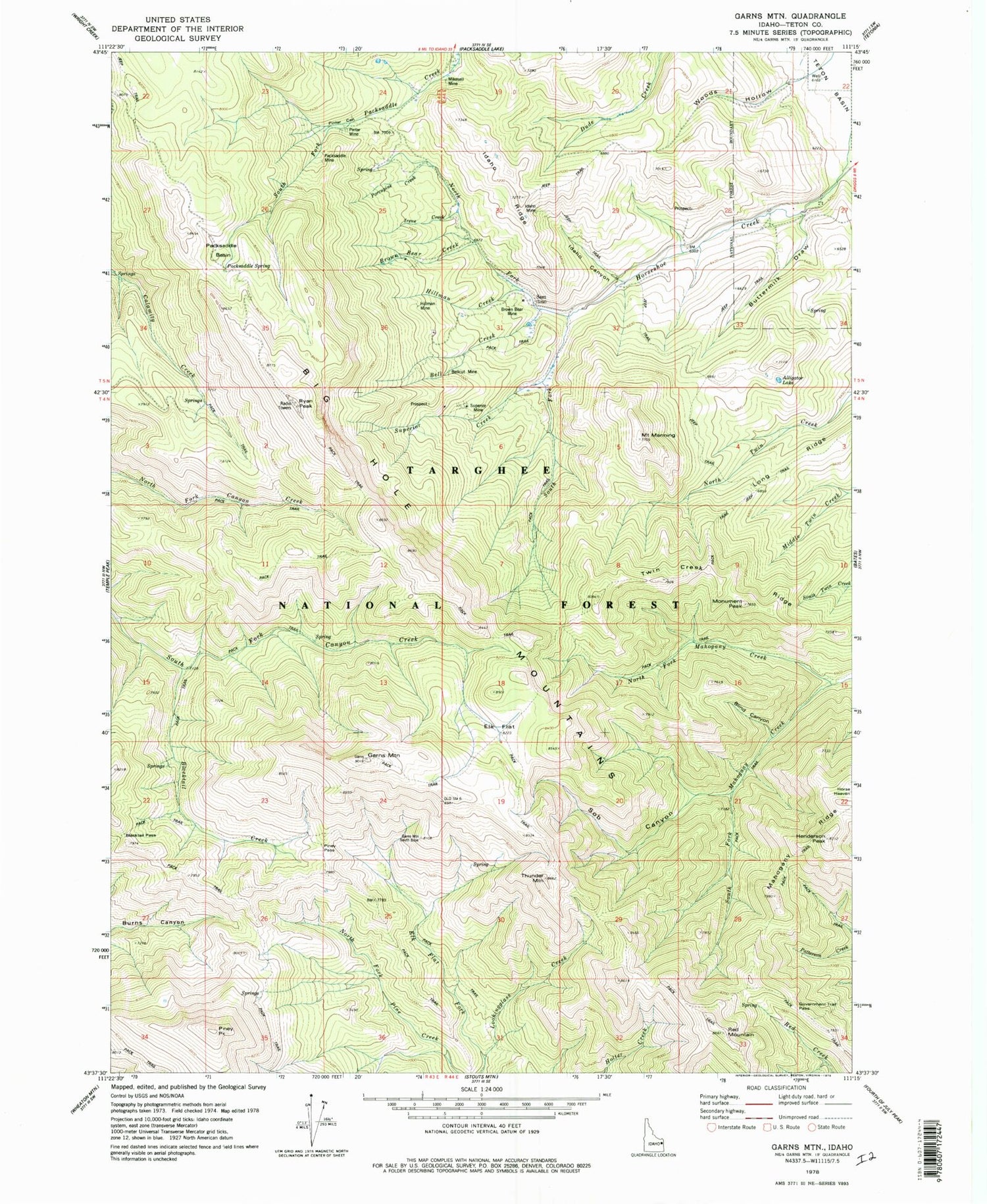 Classic USGS Garns Mountain Idaho 7.5'x7.5' Topo Map Image