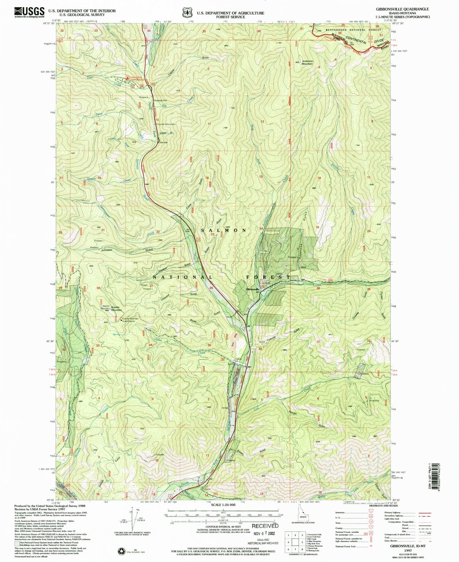Classic USGS Gibbonsville Idaho 7.5'x7.5' Topo Map Image