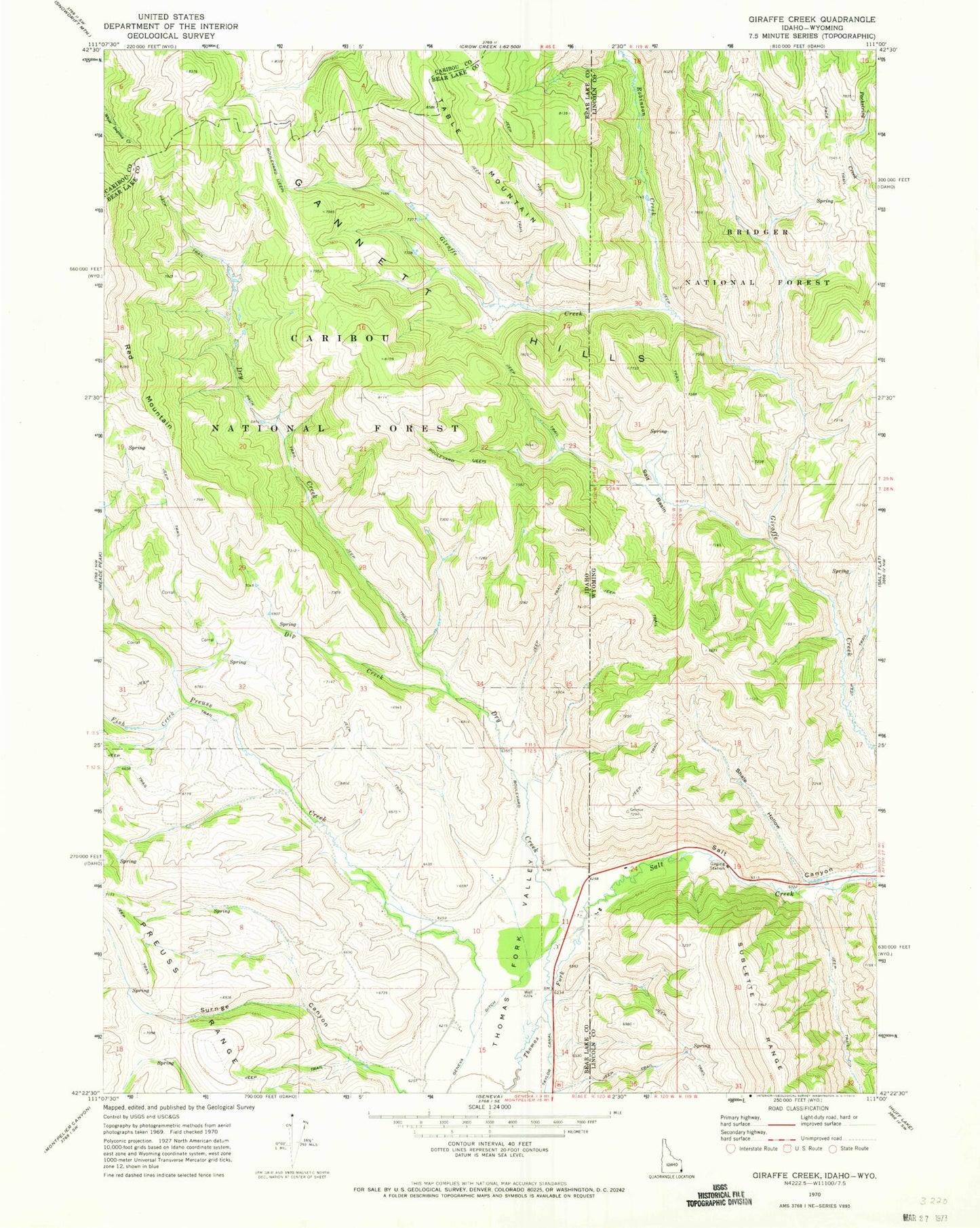 Classic USGS Giraffe Creek Wyoming 7.5'x7.5' Topo Map Image