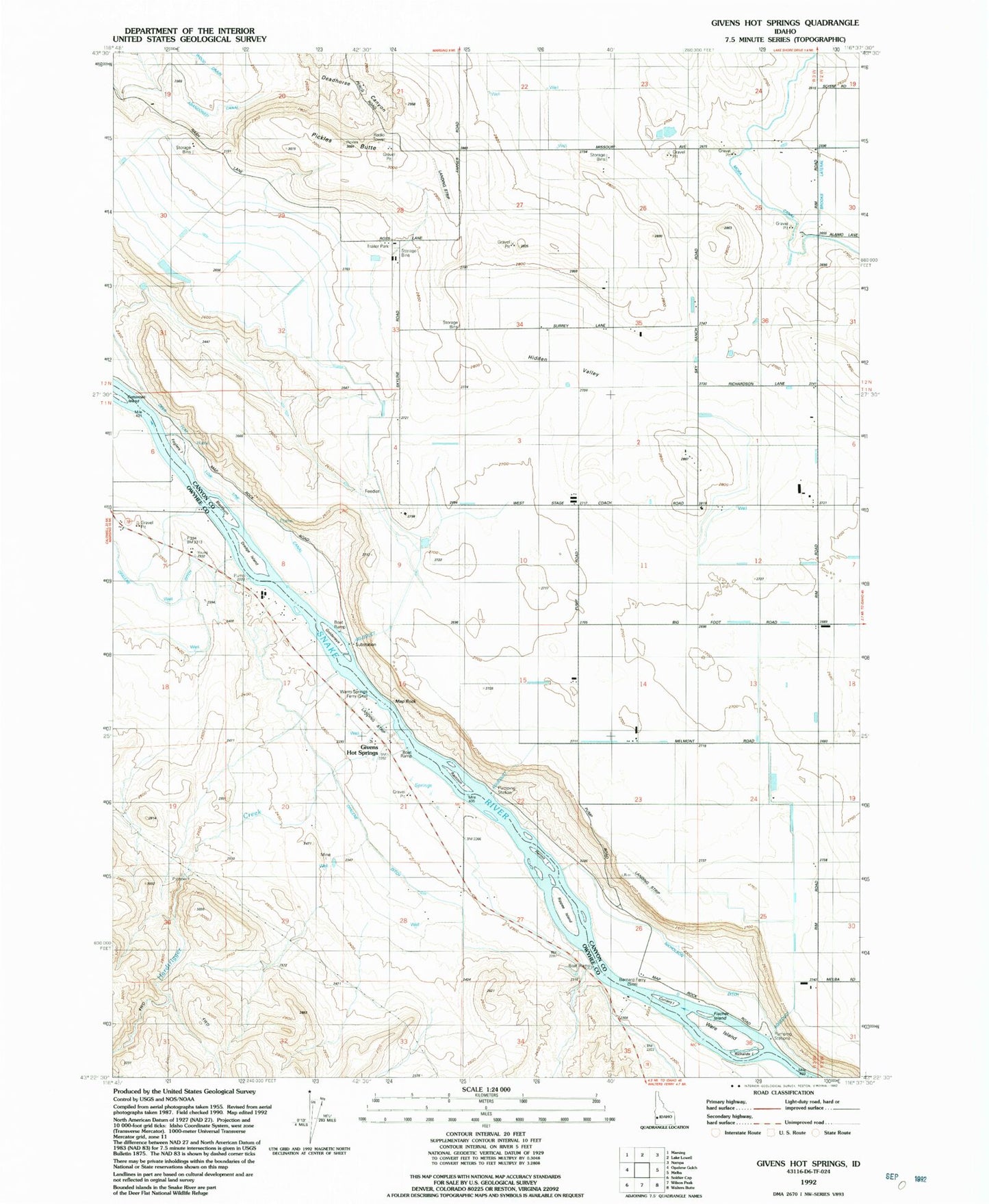 Classic USGS Givens Hot Springs Idaho 7.5'x7.5' Topo Map Image