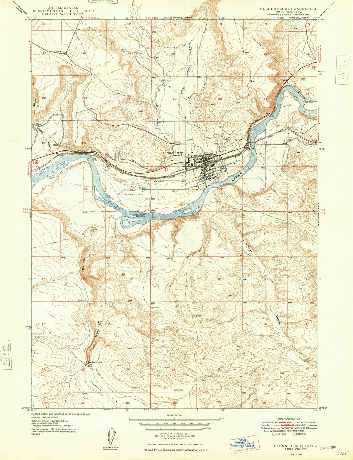 Classic USGS Glenns Ferry Idaho 7.5'x7.5' Topo Map Image